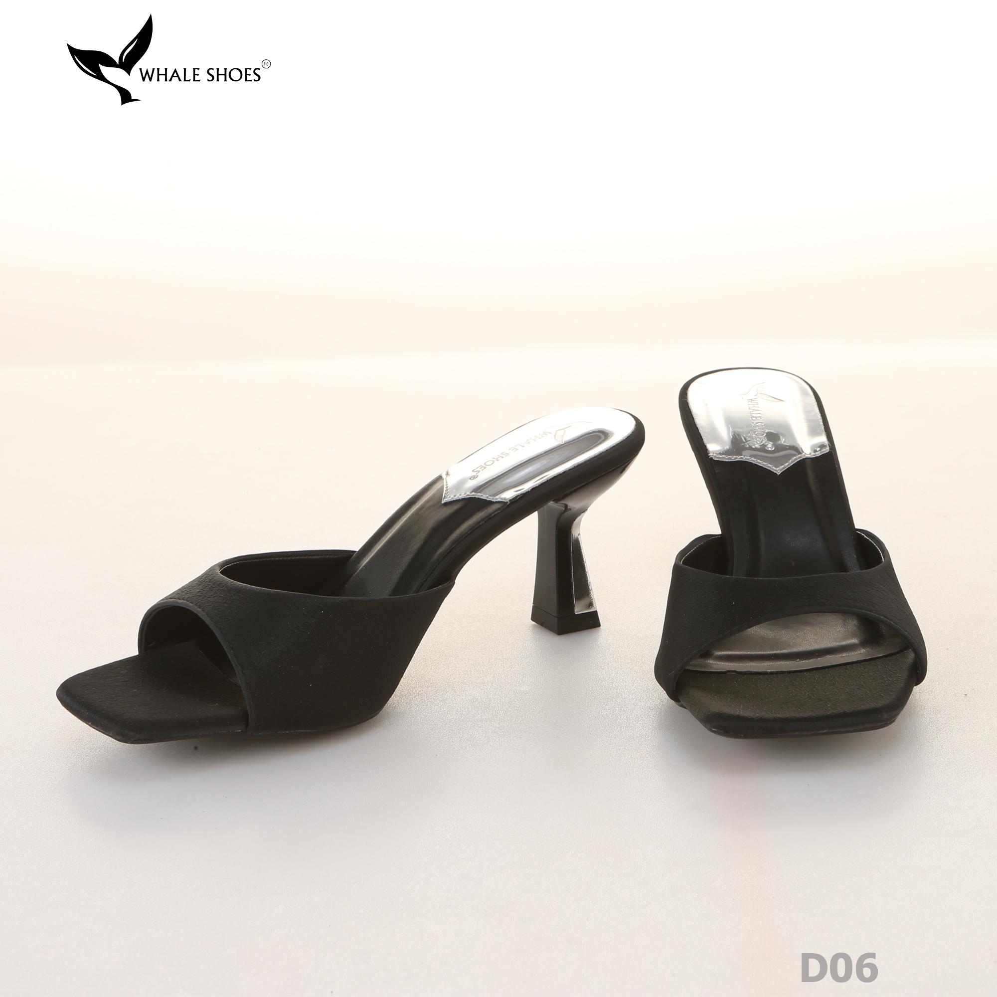Dép (guốc) nữ Whale Shoes 6cm (tăng size) mũi vuông, vân da dưa lưới, gót trụ, đế chống trượt-D06