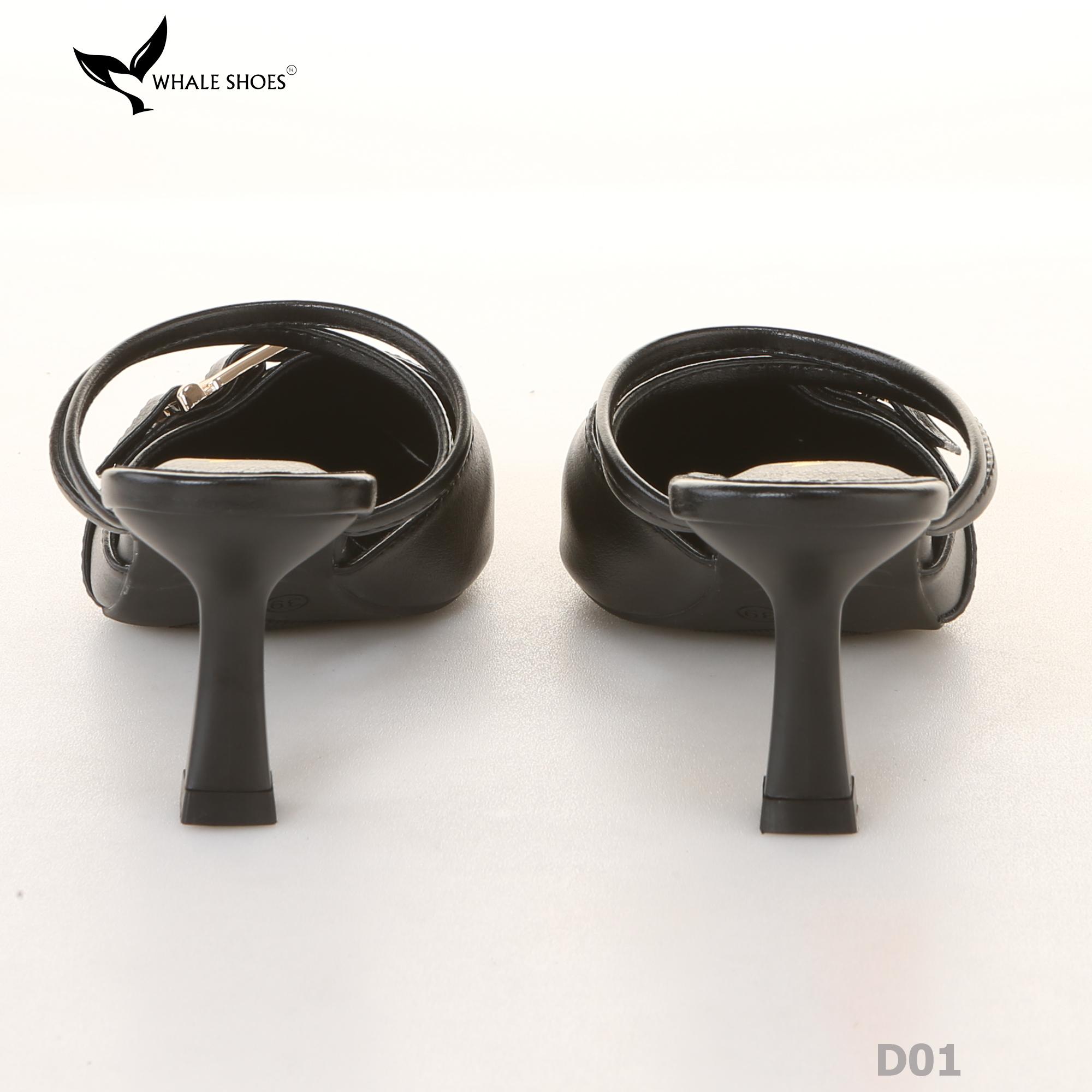 Sục cao gót nữ  Whale Shoes 7cm mũi nhọn, đính khóa, êm chân, đế chống trượt-D01