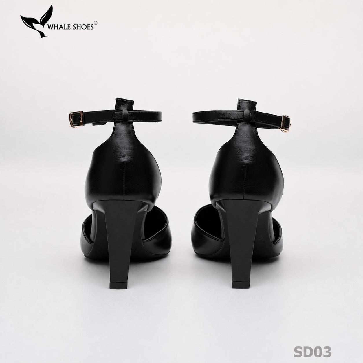 Giày cao gót Whale Shoes mũi nhọn 8cm có dây quai hậu, da mềm êm chân, đế chống trượt-SD03