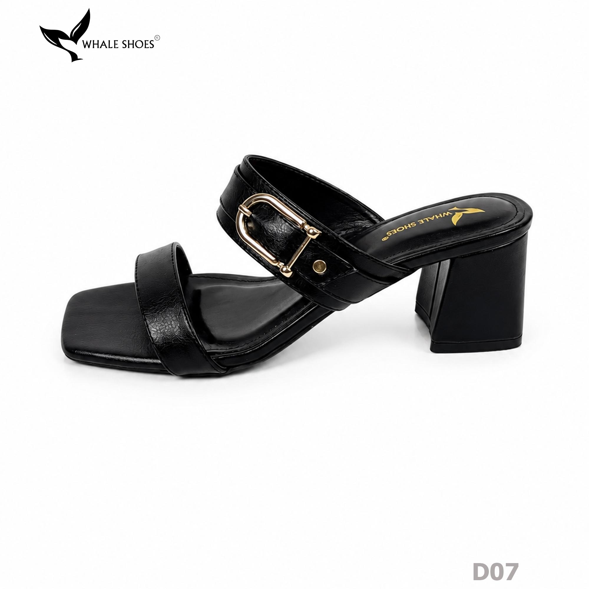 Dép cao gót Whale Shoes 6.5cm mũi vuông, đính khóa thanh lịch, êm chân, đế chống trượt-D07
