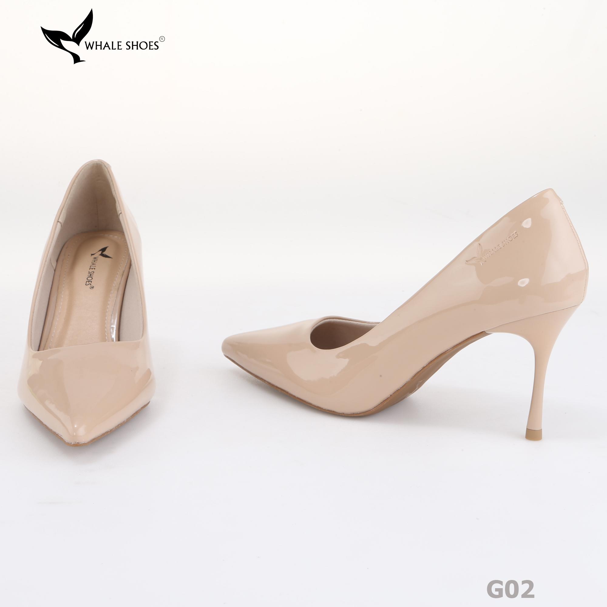Giày cao gót nữ Whale Shoes 8cm da bóng kem, gót nhọn, đế chống trượt-G02