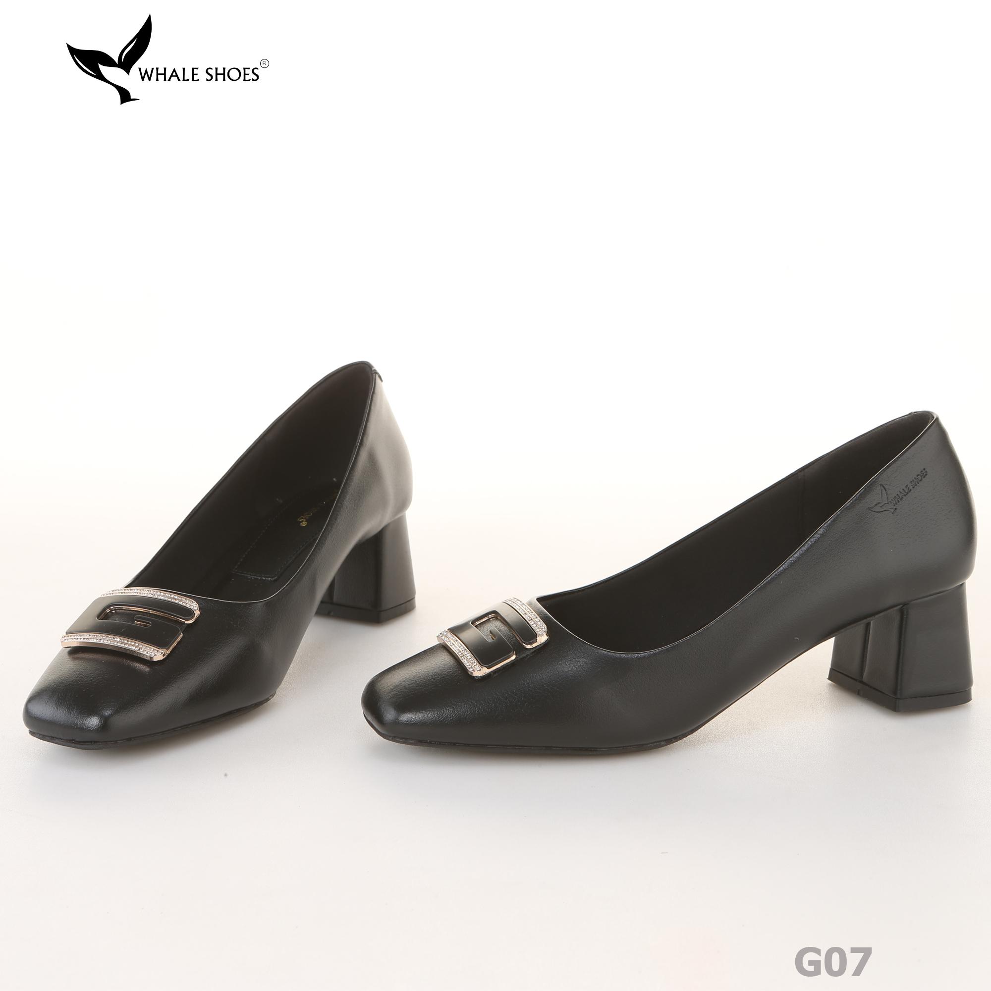 Giày cao gót nữ Whale Shoes 6cm mũi vuông, da mờ, gót trụ đính khóa, đế chống trượt-G07
