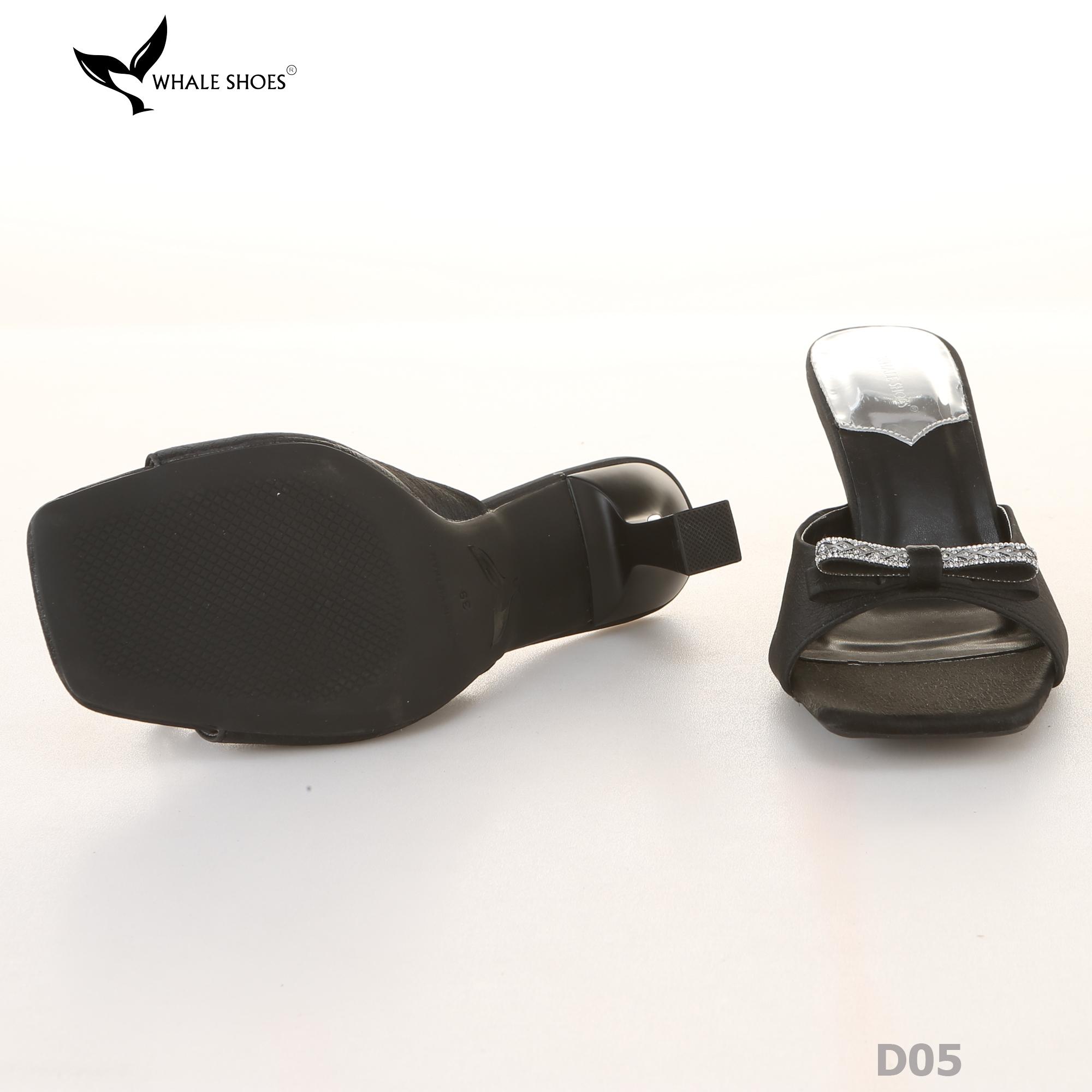 Dép (guốc) nữ Whale Shoes 6cm (tăng size) mũi vuông vân da dưa lưới, nơ đính đá, đế chống trượt-D05