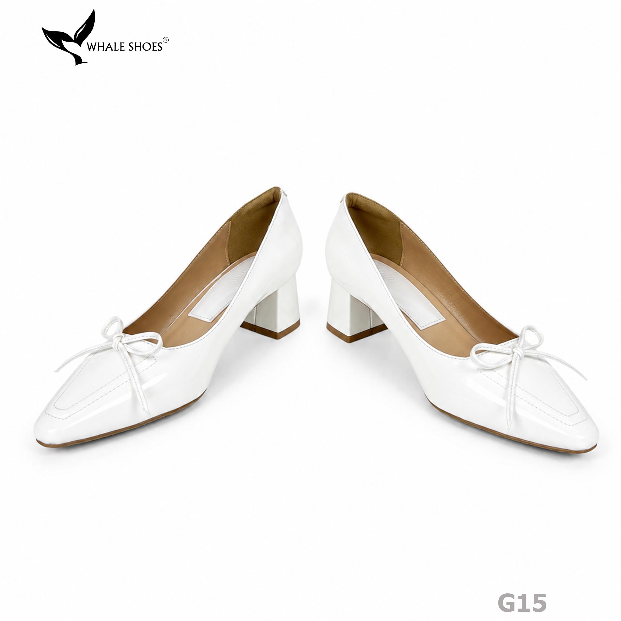 Giày Cao Gót Mũi Vuông Whaleshoes 5cm Da Bóng Đính Nơ Lót Êm Đế Chống Trơn Trượt-G15