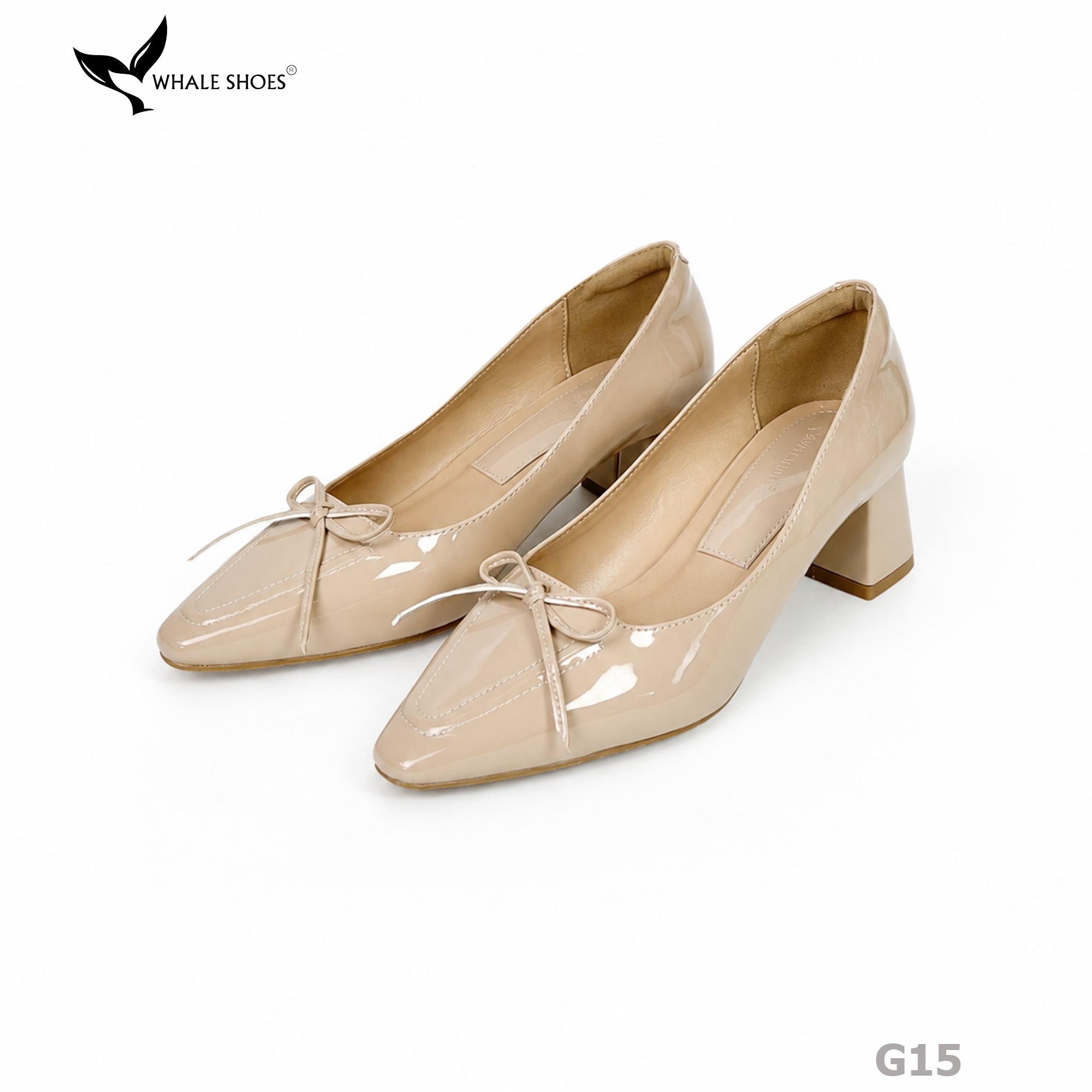 Giày Cao Gót Mũi Vuông Whaleshoes 5cm Da Bóng Đính Nơ Lót Êm Đế Chống Trơn Trượt-G15