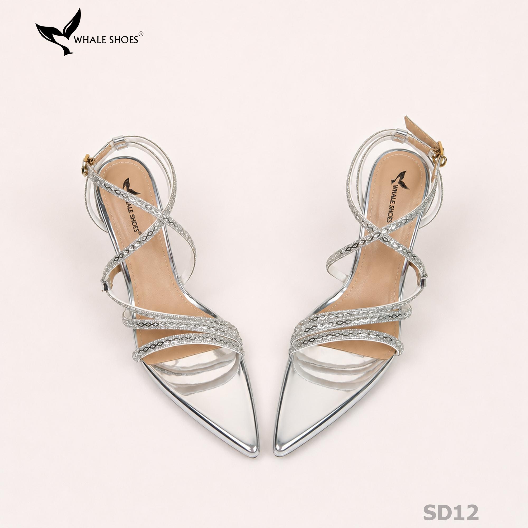 Giày hoa hậu Whale Shoes 11cm mũi nhọn da bóng, dây đính đá, đúp mũi 1cm, đế chống trượt-SD12