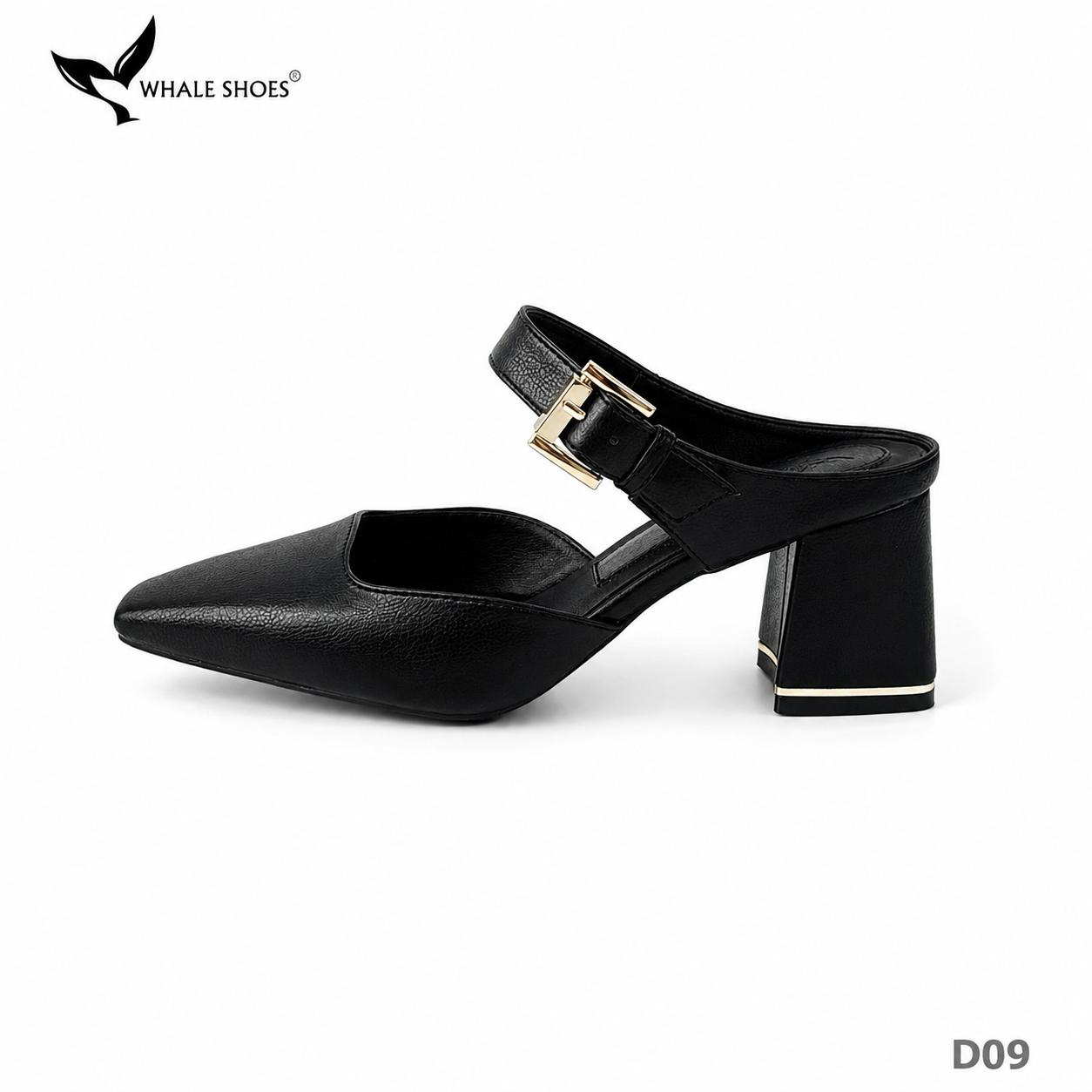 Dép Sục nữ  Whaleshoes Gót 7cm Gót Vuông Quai Khóa Kim Loại Vàng Gold Thanh Lịch-D09