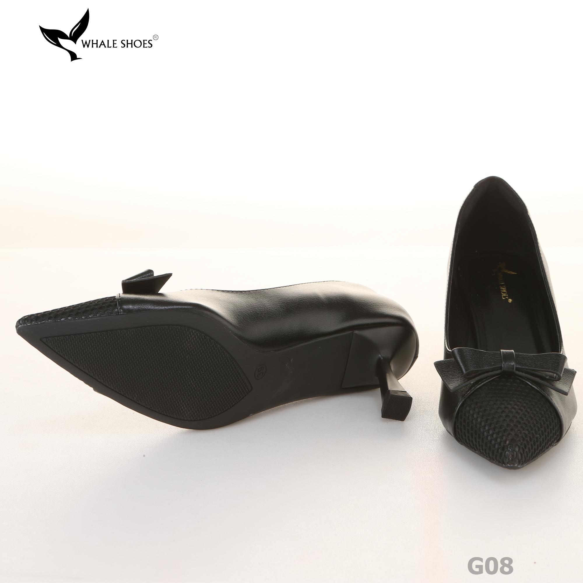 Giày cao gót bít mũi Whale Shoes 6cm, họa tiết lưới nơ, da mờ, lót êm, đế chống trượt-G08