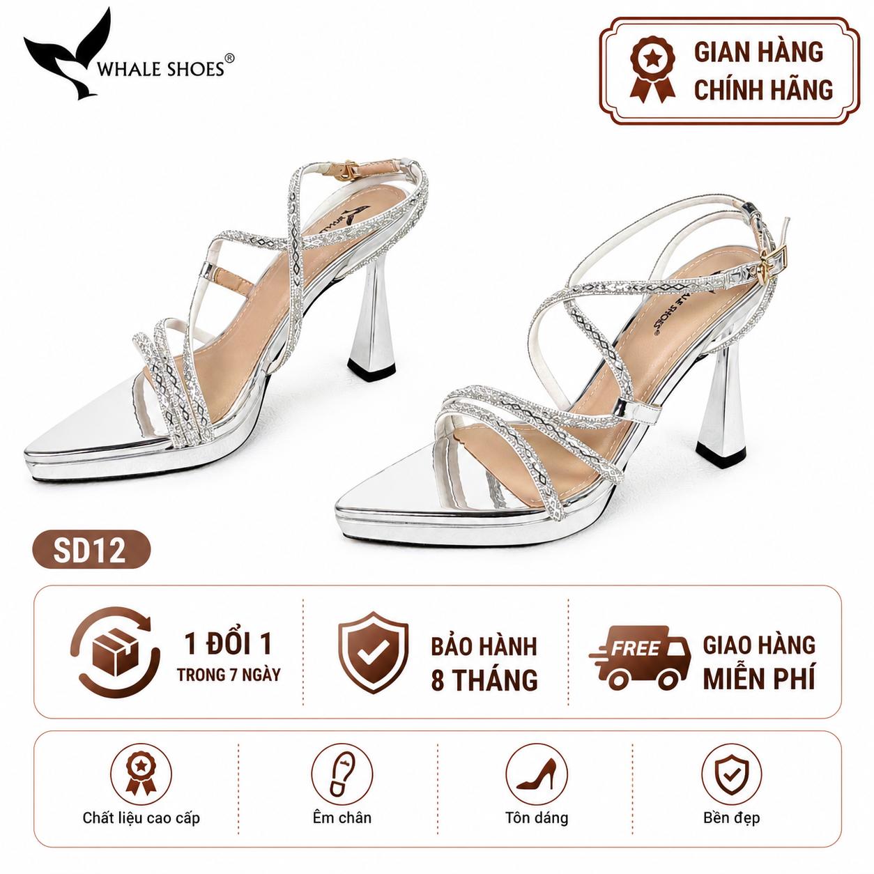 Giày hoa hậu Whale Shoes 11cm mũi nhọn da bóng, dây đính đá, đúp mũi 1cm, đế chống trượt-SD12