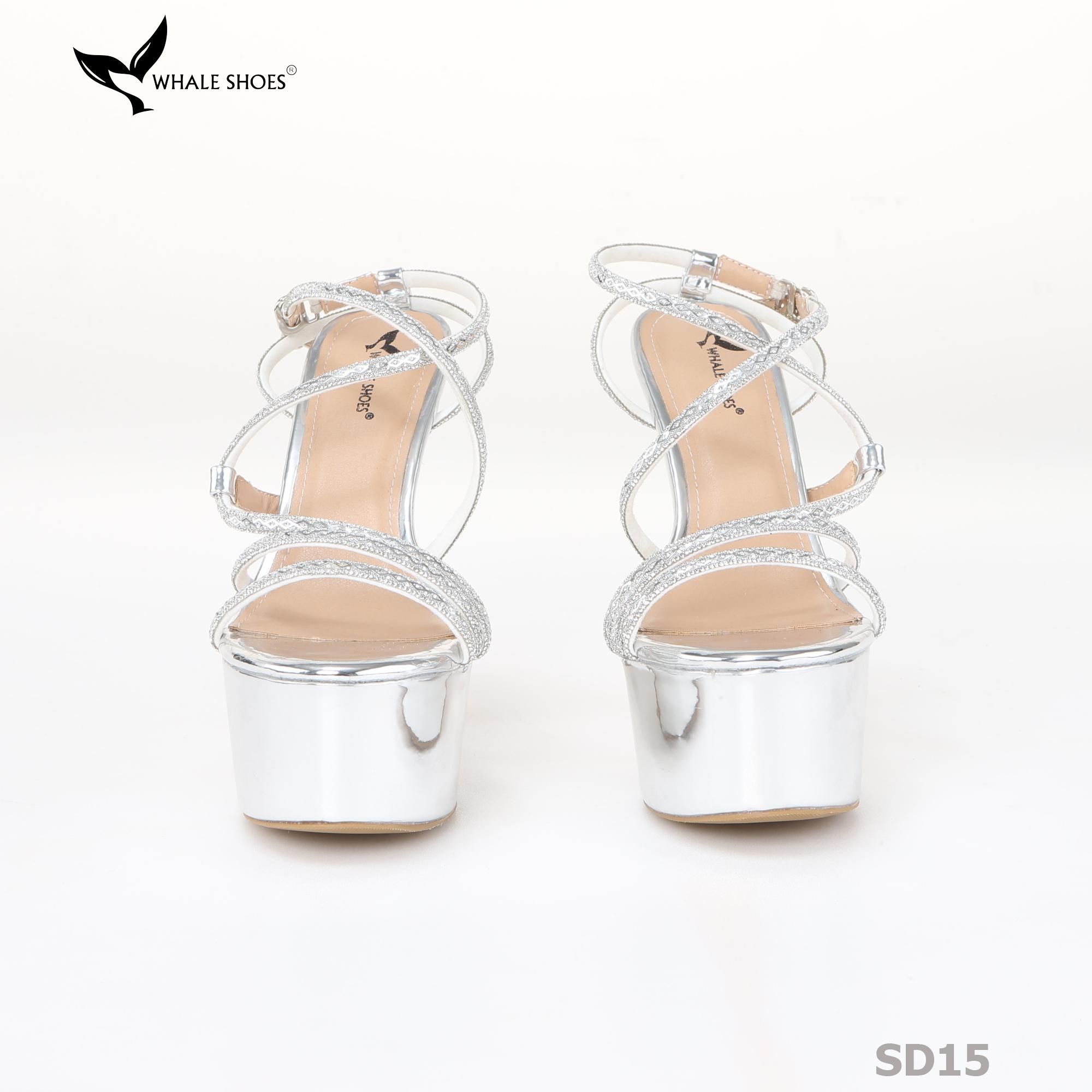 Giày Sandal hoa hậu Whale Shoes 15cm mũi tròn da bóng, dây đá sáng, đế chống trượt-SD15