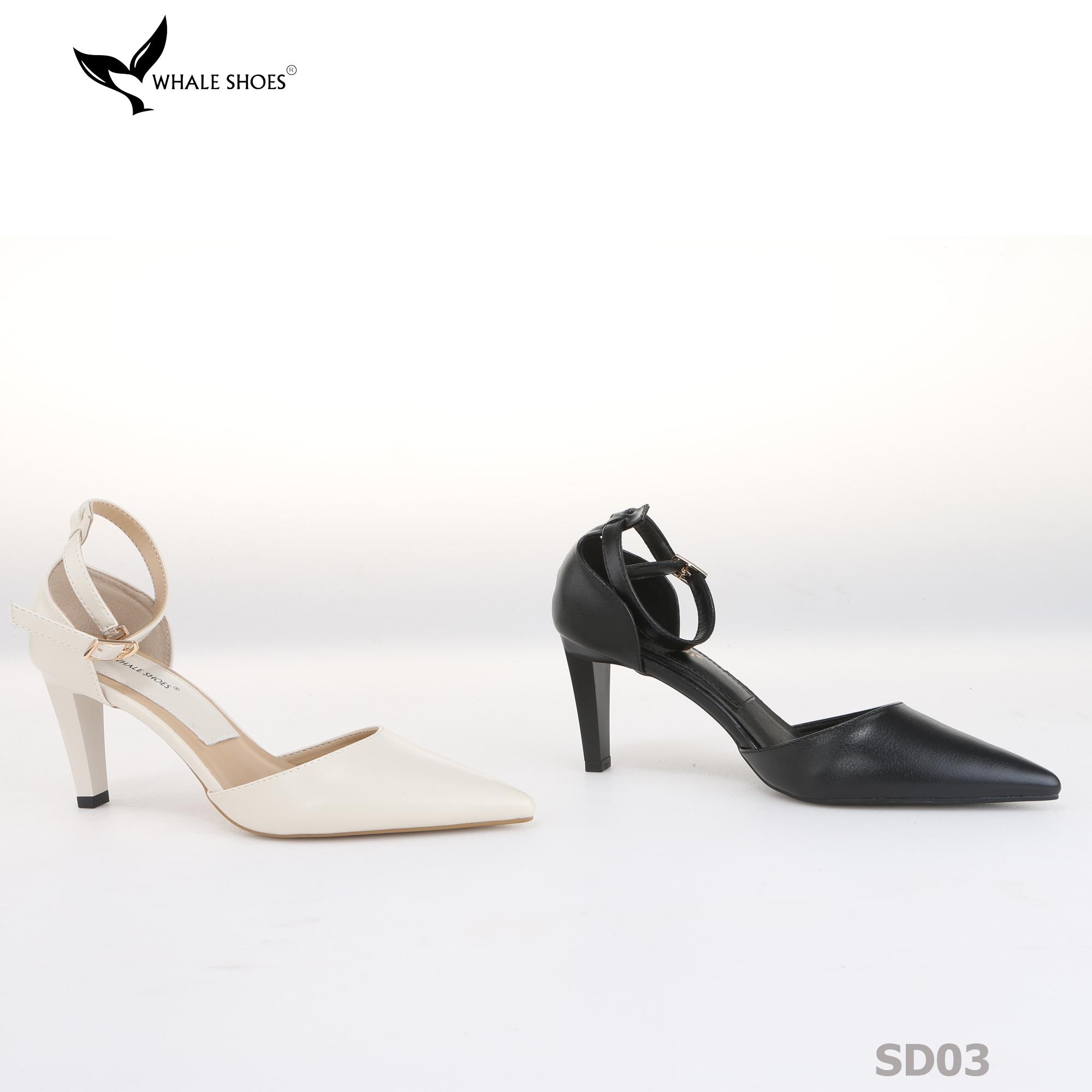 Giày cao gót Whale Shoes mũi nhọn 8cm có dây quai hậu, da mềm êm chân, đế chống trượt-SD03
