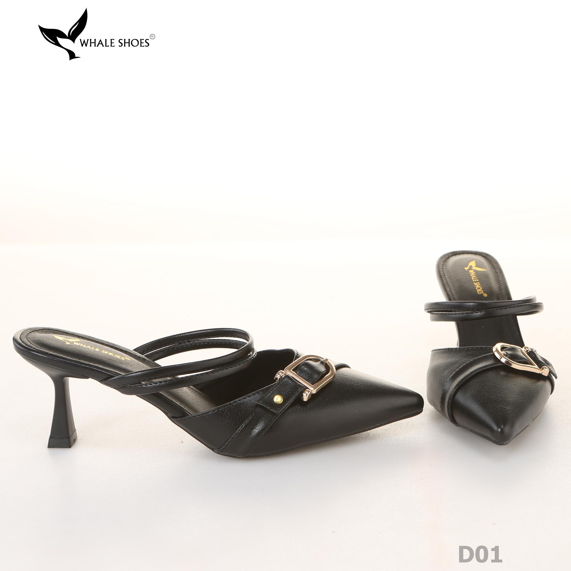 Sục cao gót nữ  Whale Shoes 7cm mũi nhọn, đính khóa, êm chân, đế chống trượt-D01
