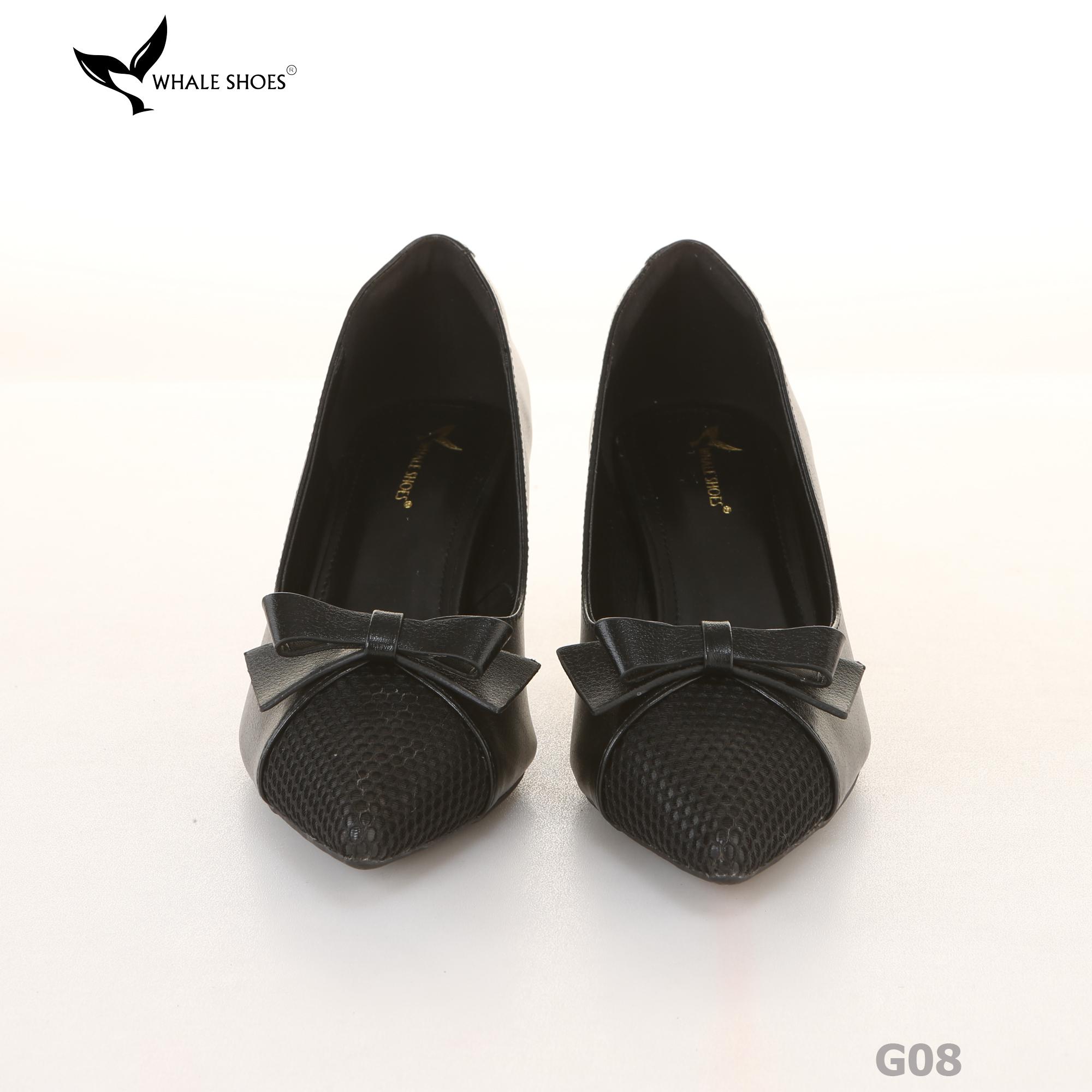 Giày cao gót bít mũi Whale Shoes 6cm, họa tiết lưới nơ, da mờ, lót êm, đế chống trượt-G08