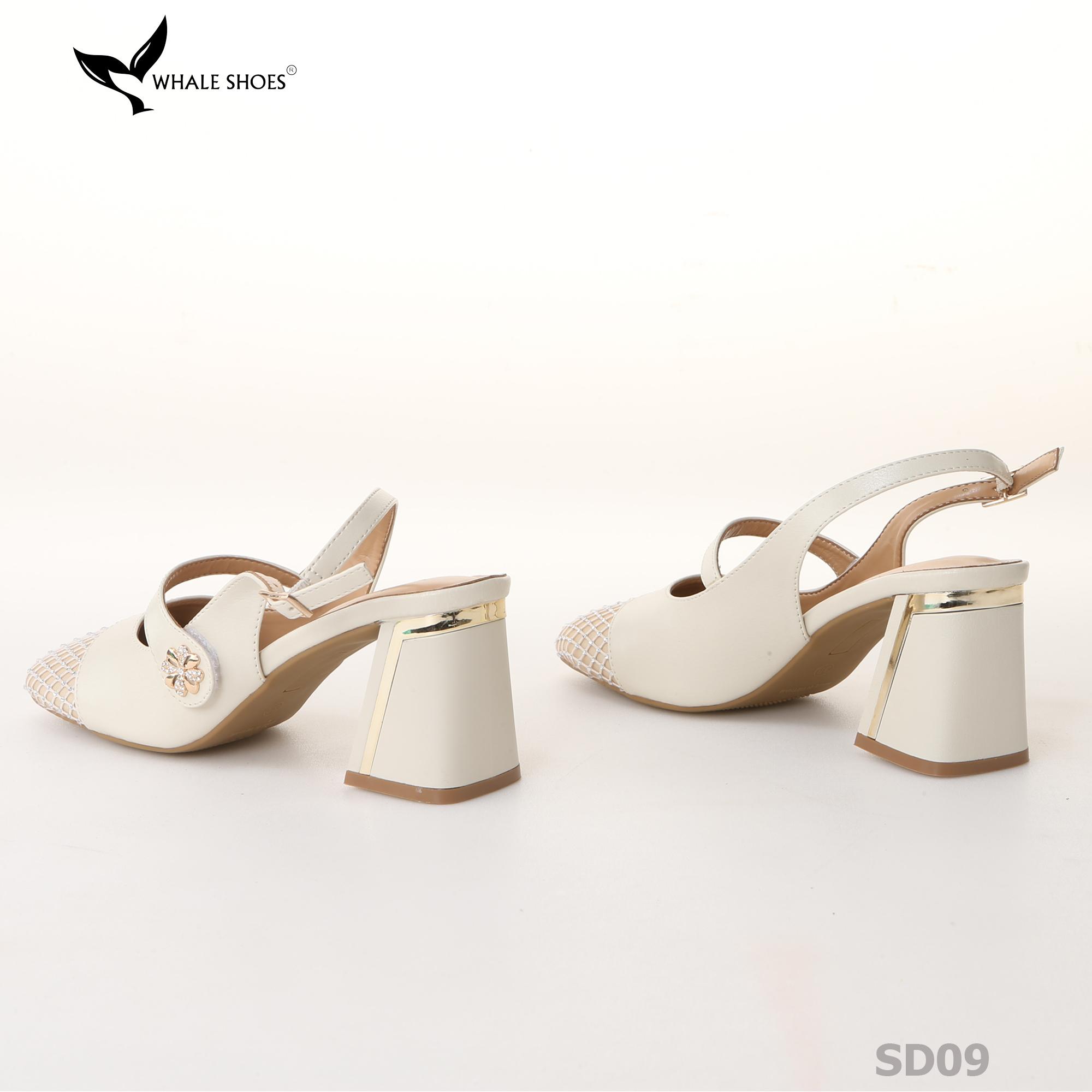 Giày cao gót nữ mũi vuông Whale Shoes 7cm, 6cm, phối lưới đính đá, gót vuông mạ vàng, đế chống trượt-SD09