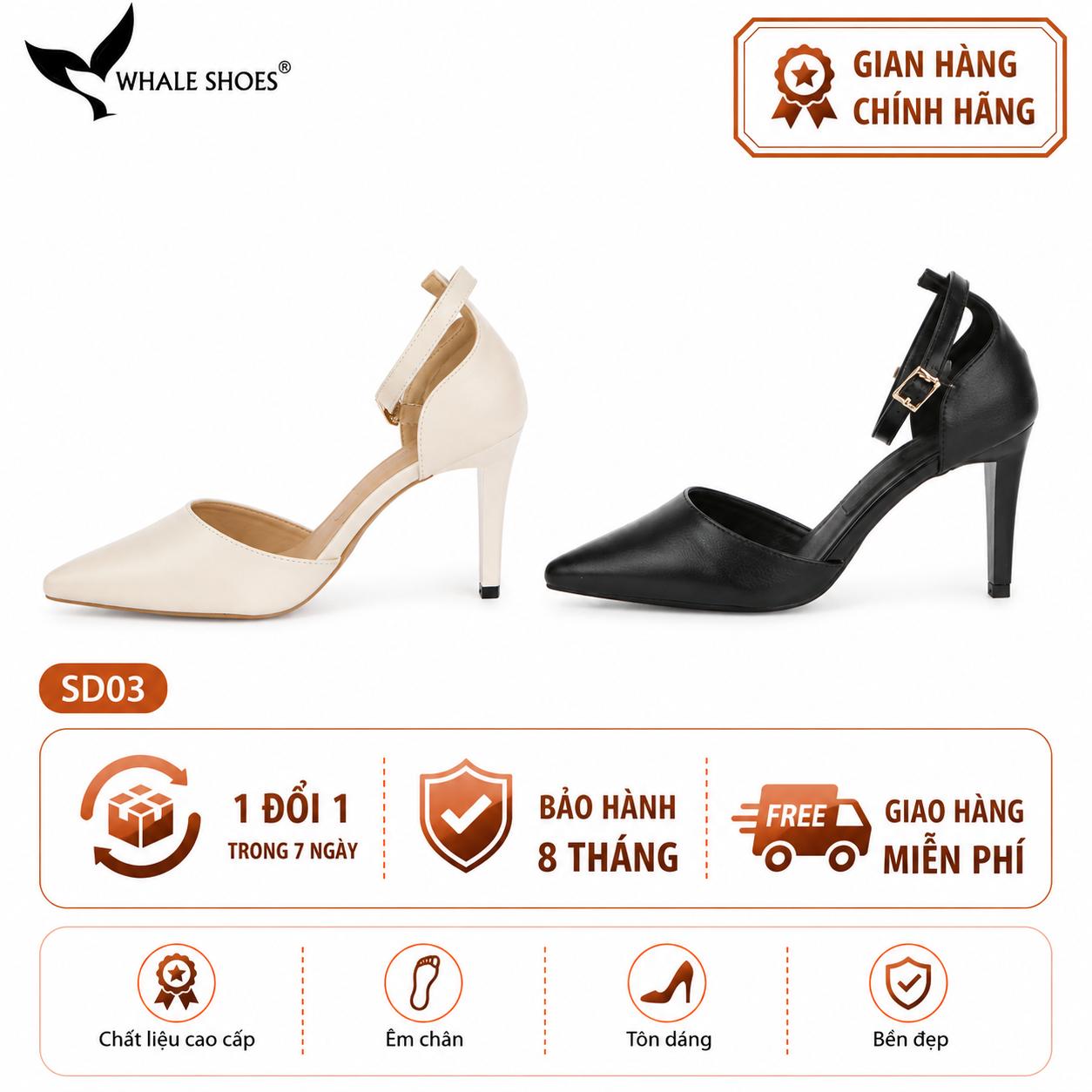 Giày cao gót Whale Shoes mũi nhọn 8cm có dây quai hậu, da mềm êm chân, đế chống trượt-SD03
