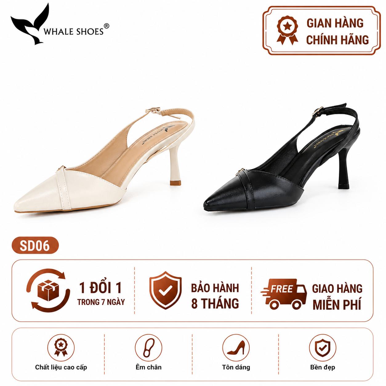 Giày cao gót Whale Shoes 7cm, mũi nhọn cổ tim, khoét eo da mờ, khoá đính đá, đế chống trượt-SD06
