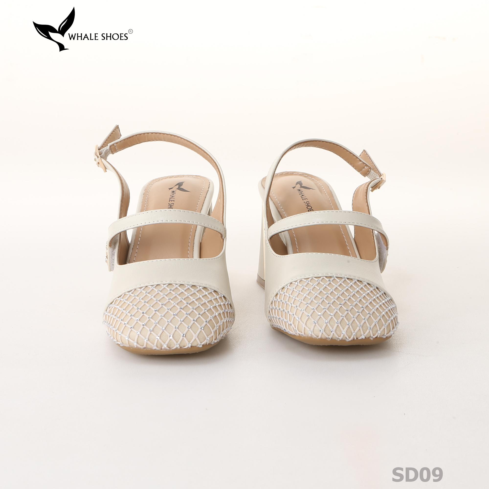 Giày cao gót nữ mũi vuông Whale Shoes 7cm, 6cm, phối lưới đính đá, gót vuông mạ vàng, đế chống trượt-SD09
