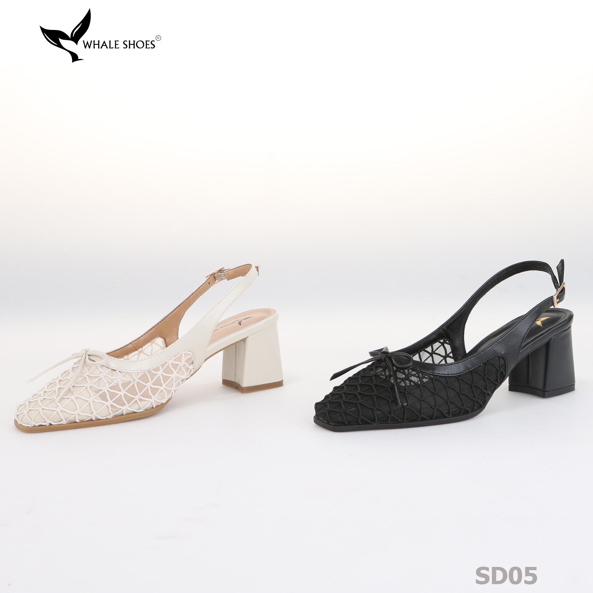 Giày slingback Whale Shoes mũi vuông da mờ phối  lưới, đính nơ, gót trụ bọc da, đế chống trượt-SD05