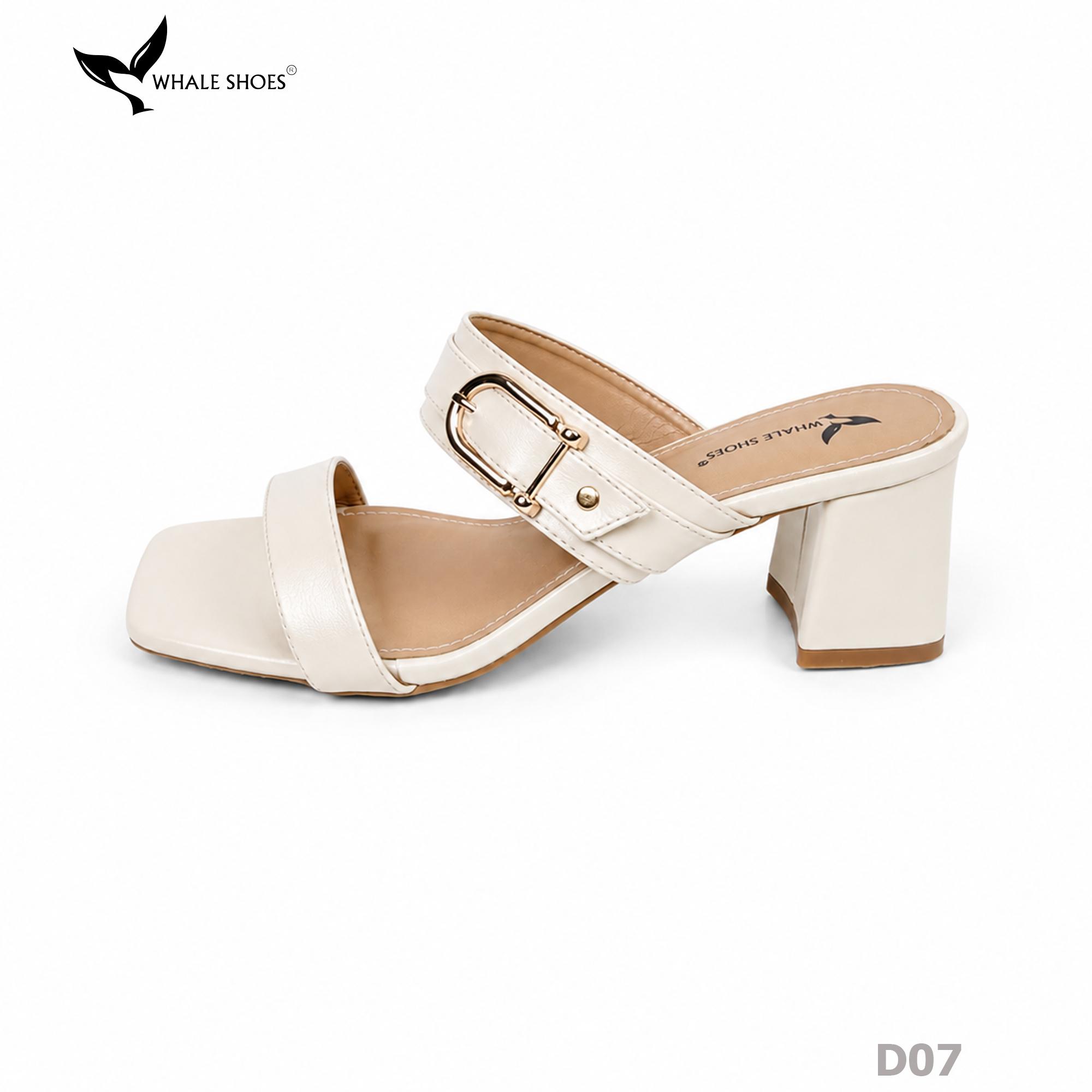 Dép cao gót Whale Shoes 6.5cm mũi vuông, đính khóa thanh lịch, êm chân, đế chống trượt-D07