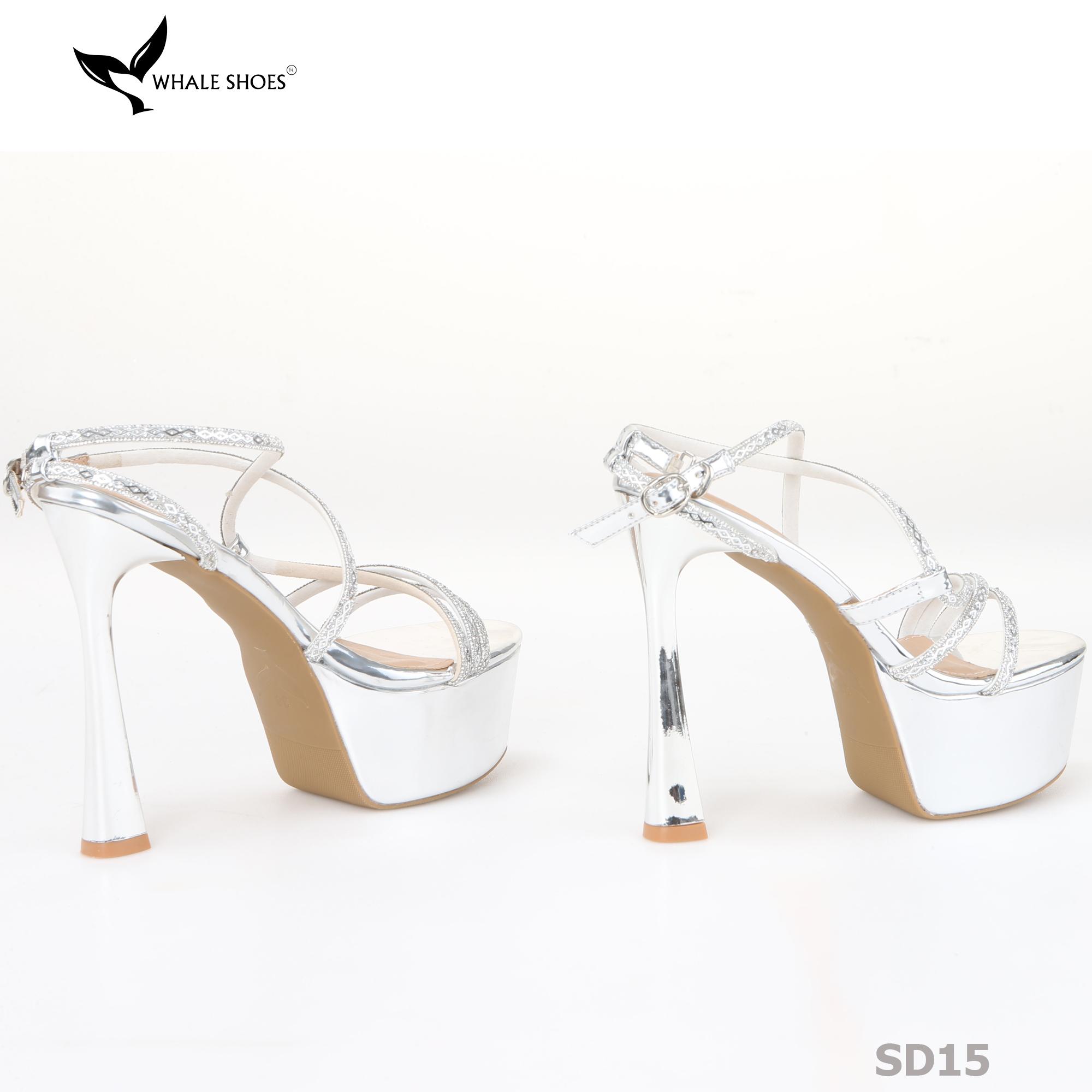Giày Sandal hoa hậu Whale Shoes 15cm mũi tròn da bóng, dây đá sáng, đế chống trượt-SD15