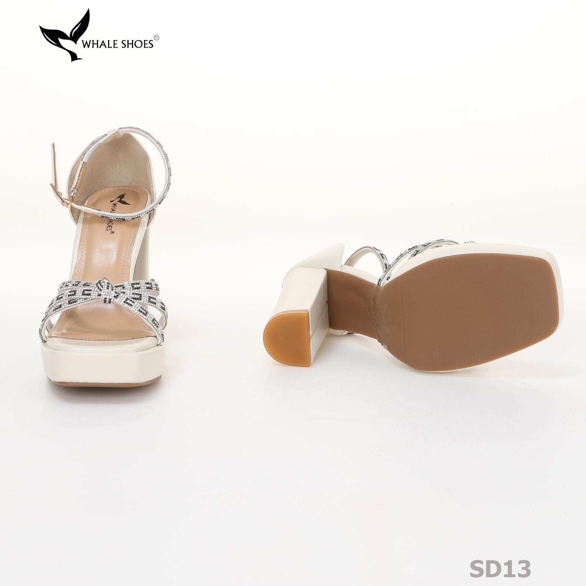 Giày Sandal nữ  Whale Shoes 10cm mũi vuông da mờ đúp mũi 3cm, dây đá, gót trụ, đế chống trượt-SD13