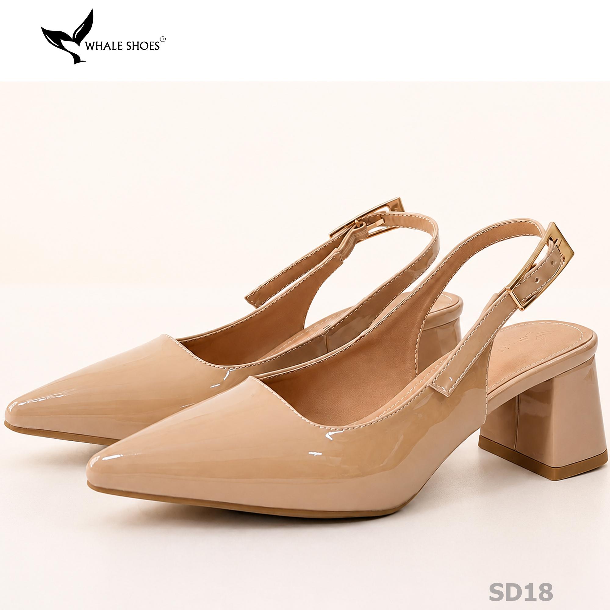 Giày Slingback Whale Shoes 5cm mũi nhọn, gót vuông bọc da, khóa cài hông-SD18