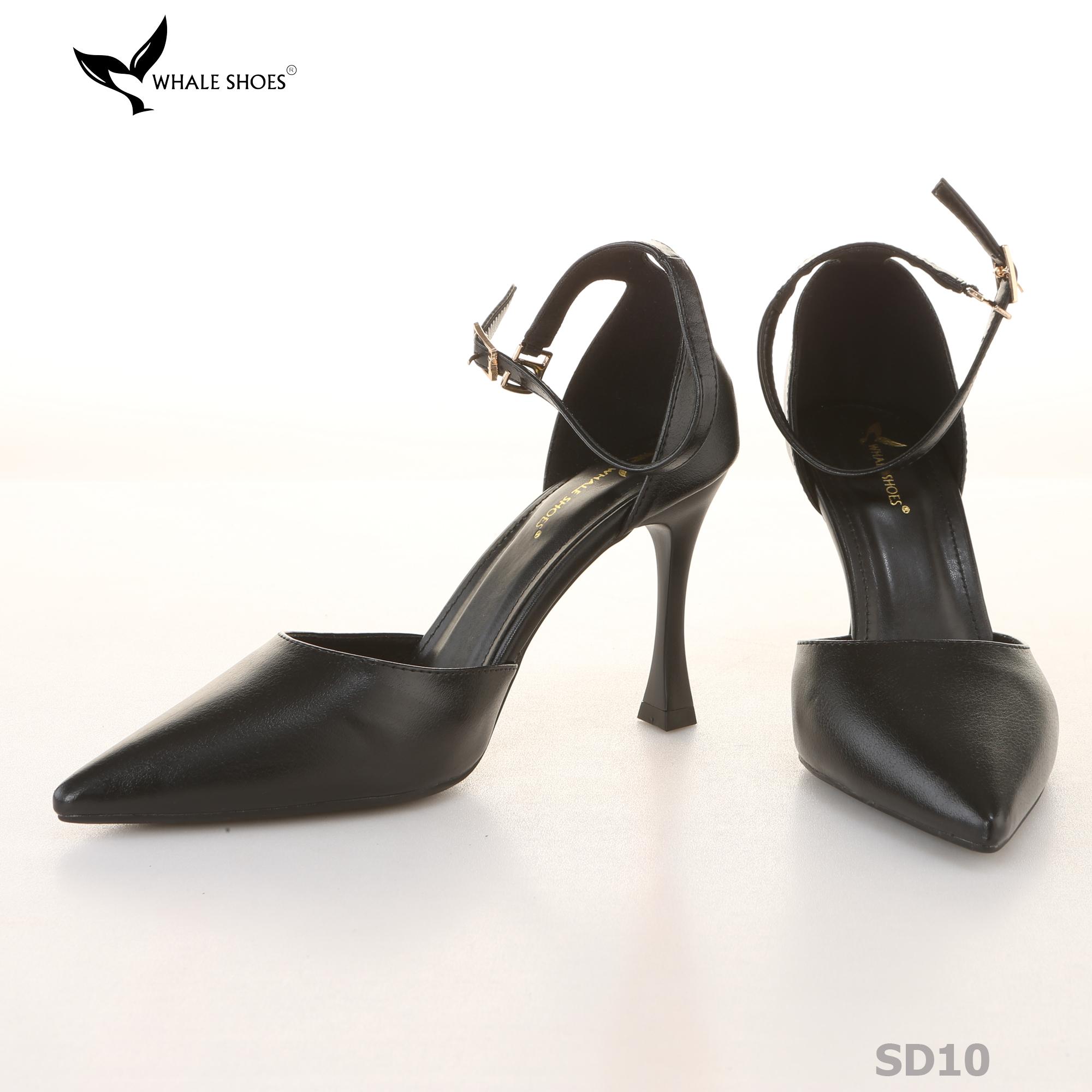 Giày cao gót nữ Whale Shoes mũi nhọn 9cm có dây quai hậu, da mềm êm chân, đế chống trơn trượt-SD10