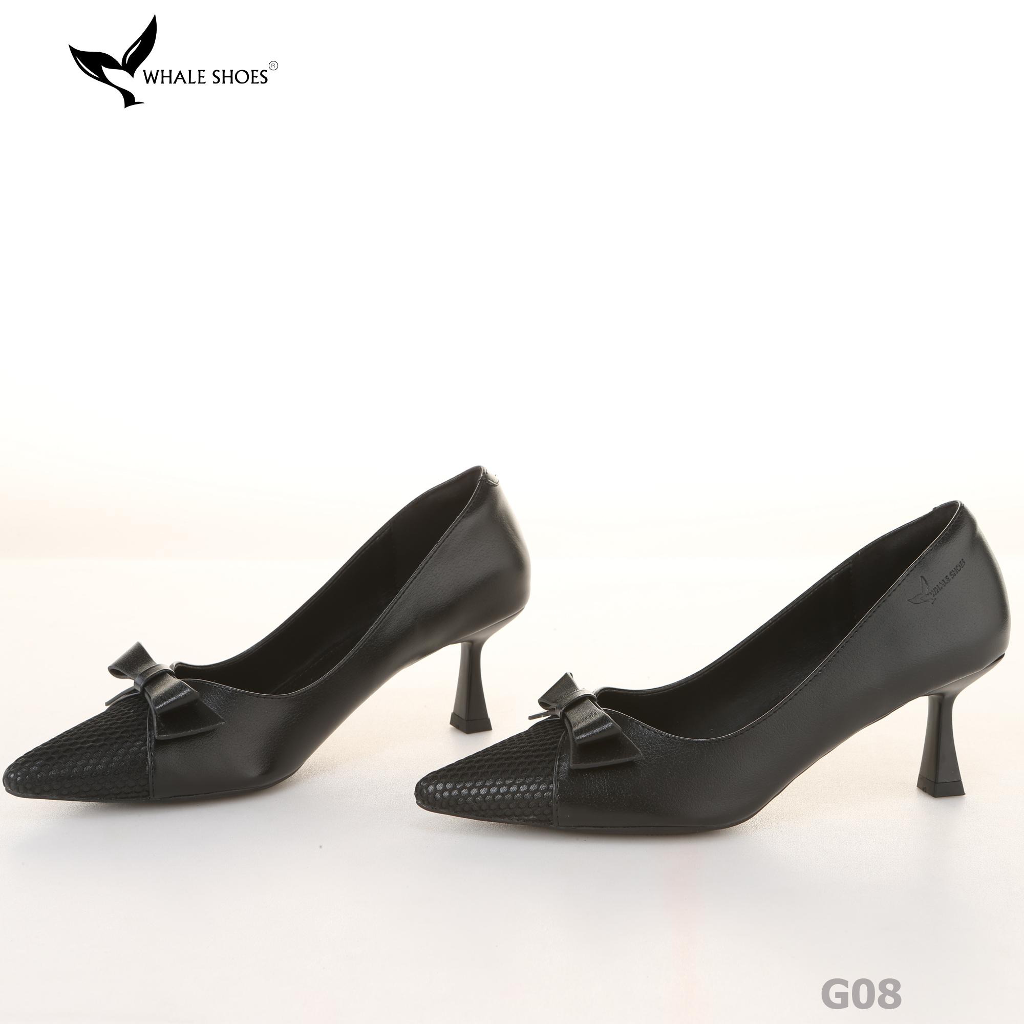 Giày cao gót bít mũi Whale Shoes 6cm, họa tiết lưới nơ, da mờ, lót êm, đế chống trượt-G08