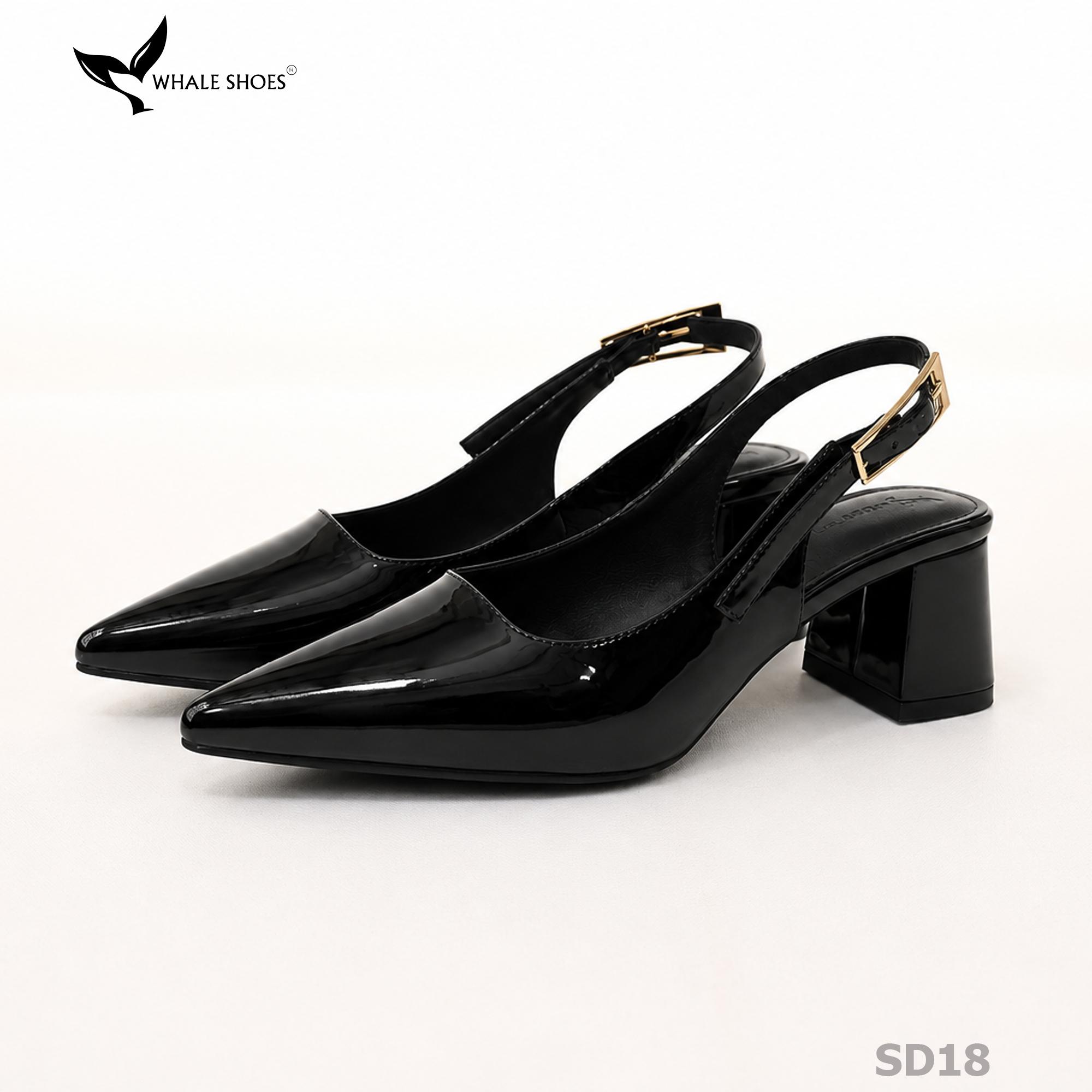 Giày Slingback Whale Shoes 5cm mũi nhọn, gót vuông bọc da, khóa cài hông-SD18