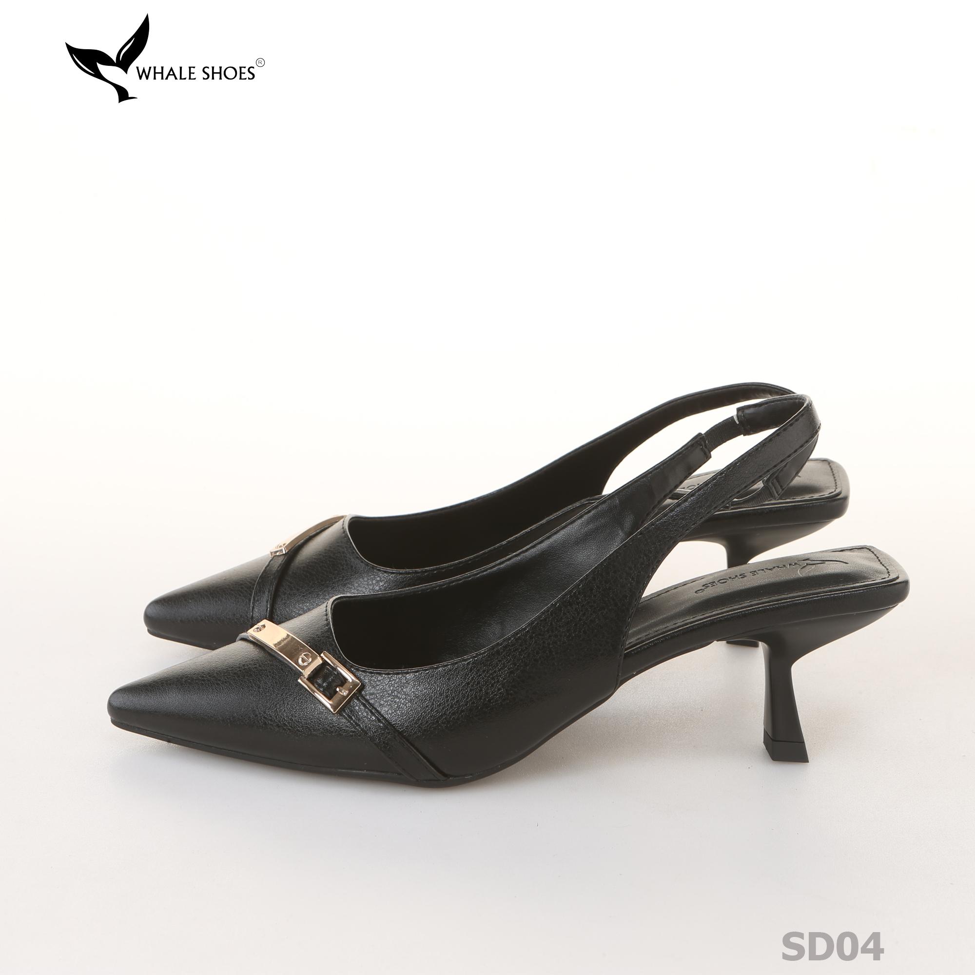Giày Slingback Whale Shoes 5cm mũi nhọn, hậu vuông da mờ, đính khoá mạ vàng-SD04