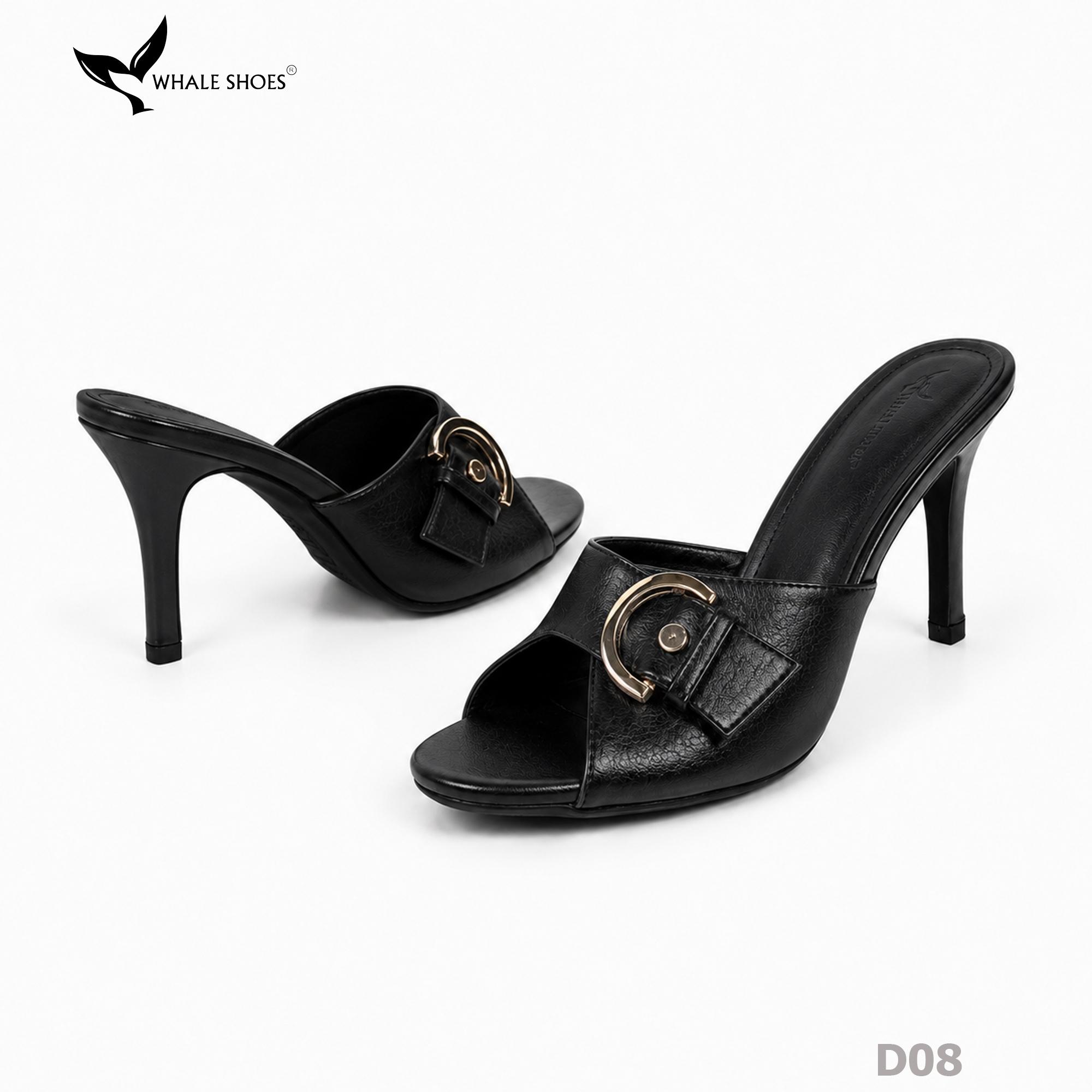 (Tăng size) Dép cao gót Whale Shoes 8,5cm mũi tròn, đính khóa thanh lịch, đế chống trượt-D08