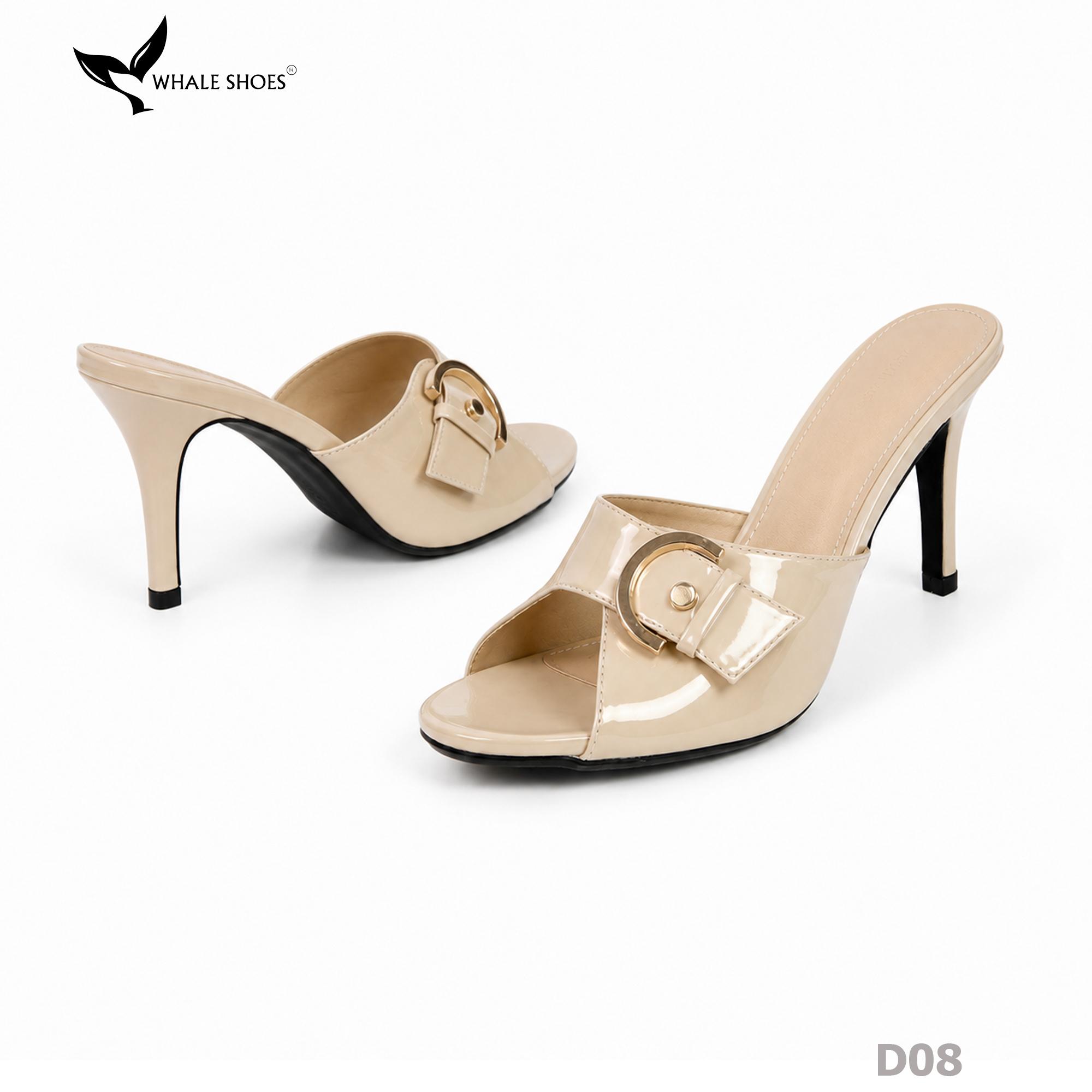 (Tăng size) Dép cao gót Whale Shoes 8,5cm mũi tròn, đính khóa thanh lịch, đế chống trượt-D08