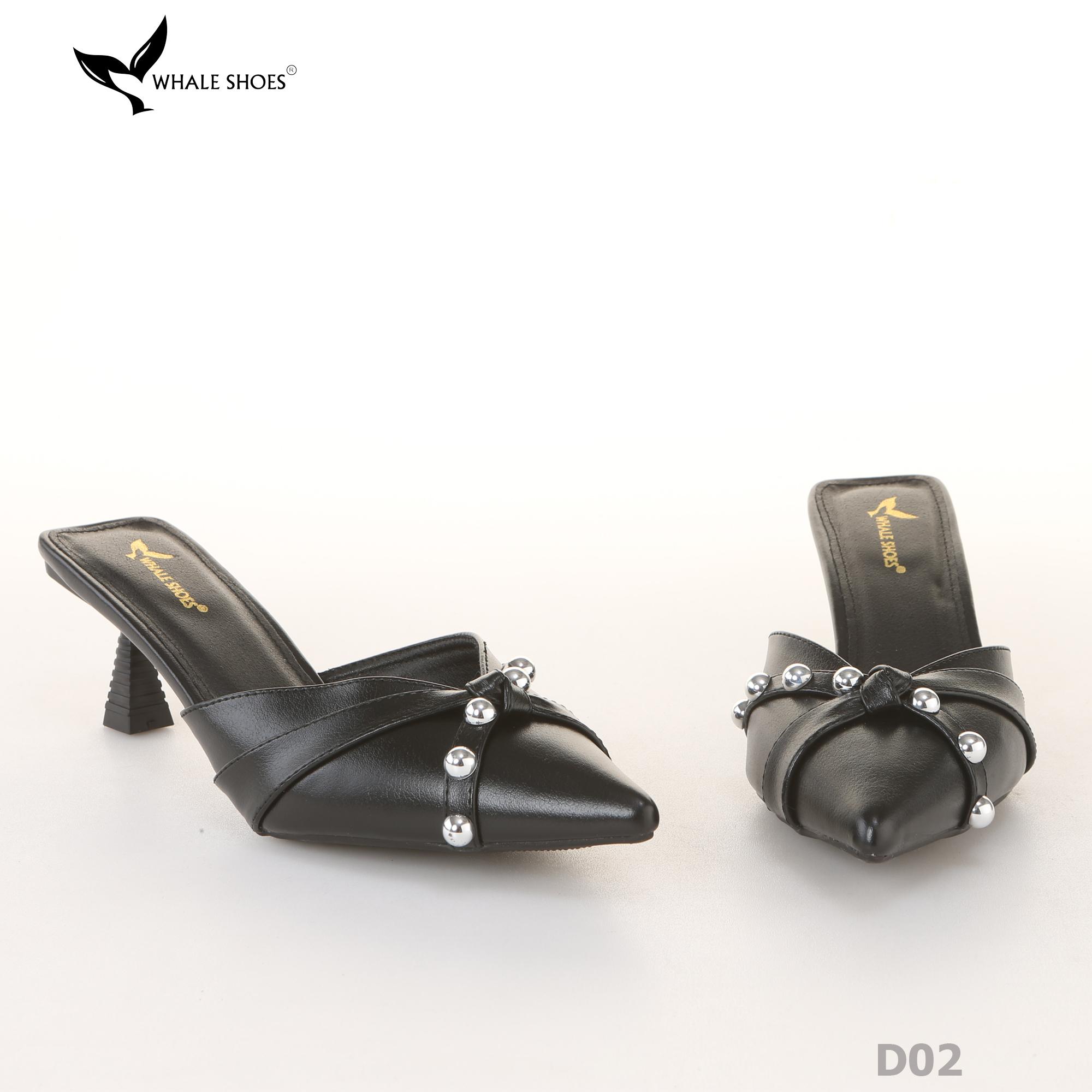 Sục cao gót nữ 6cm Whale Shoes (Tăng size) mũi nhọn cổ tim đen, đính đá, đế chống trượt-D02