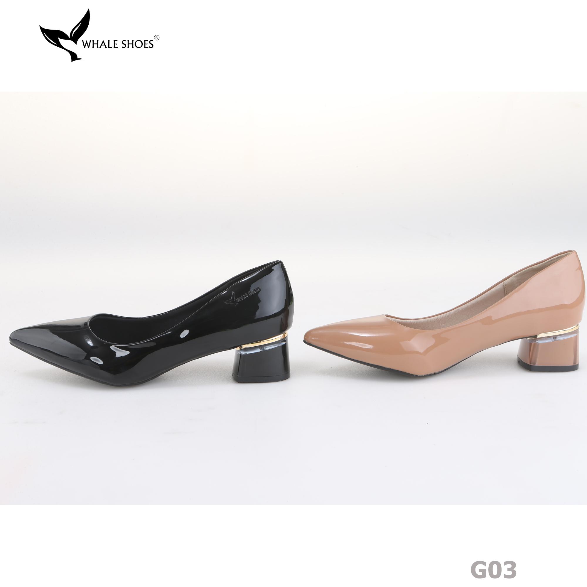 Giày cao gót nữ Whale Shoes 4cm da bóng, gót vuông mica viền vàng mũi nhọn-G03