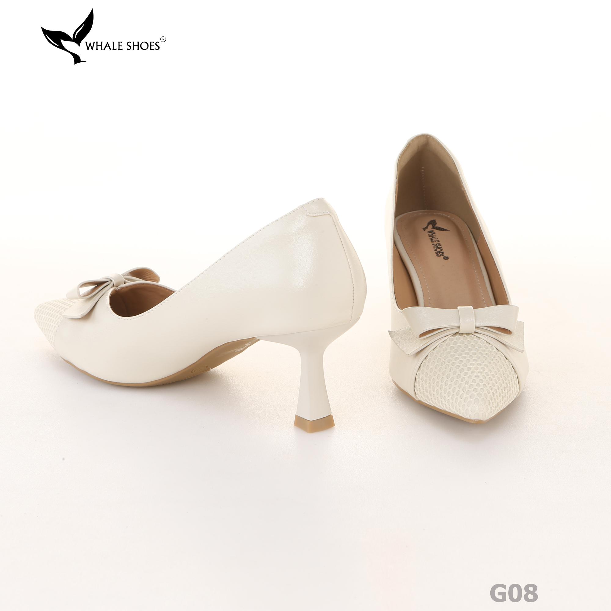 Giày cao gót bít mũi Whale Shoes 6cm, họa tiết lưới nơ, da mờ, lót êm, đế chống trượt-G08