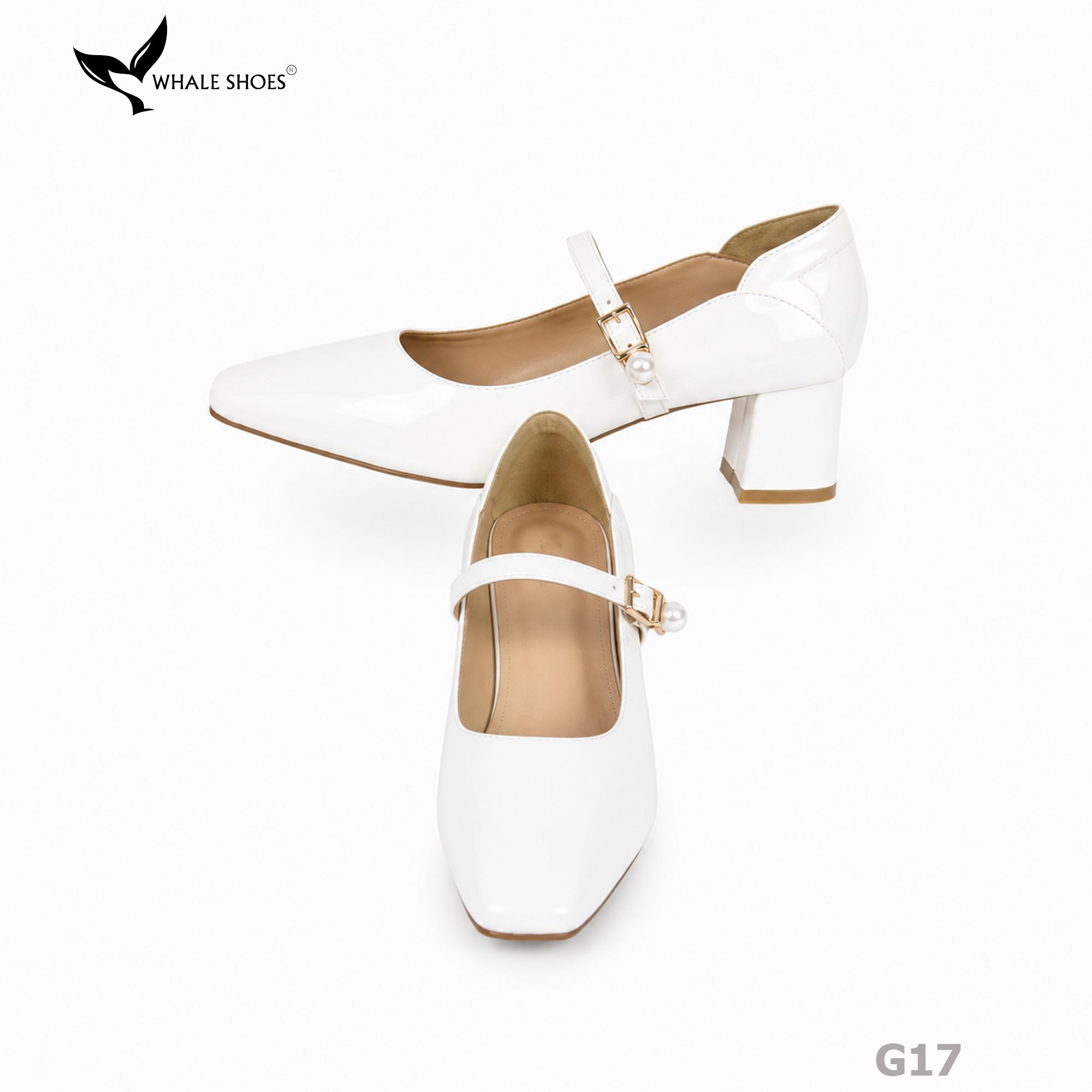 Giày Cao Gót Bít Mũi Whale Shoes 5cm Da Bóng quai đính khóa ngọc trai, Lót Êm, Đế Chống Trượt-G17