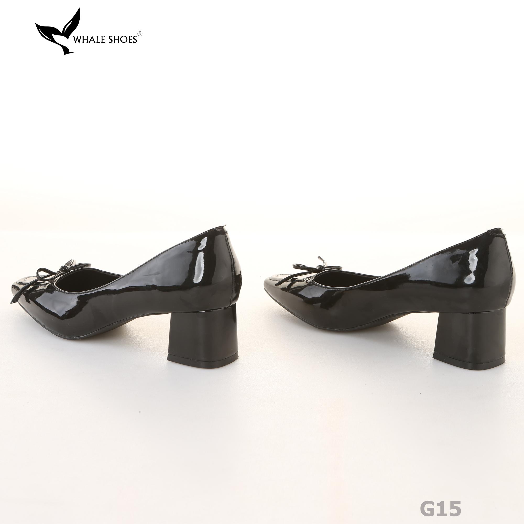 Giày Cao Gót Mũi Vuông Whaleshoes 5cm Da Bóng Đính Nơ Lót Êm Đế Chống Trơn Trượt-G15
