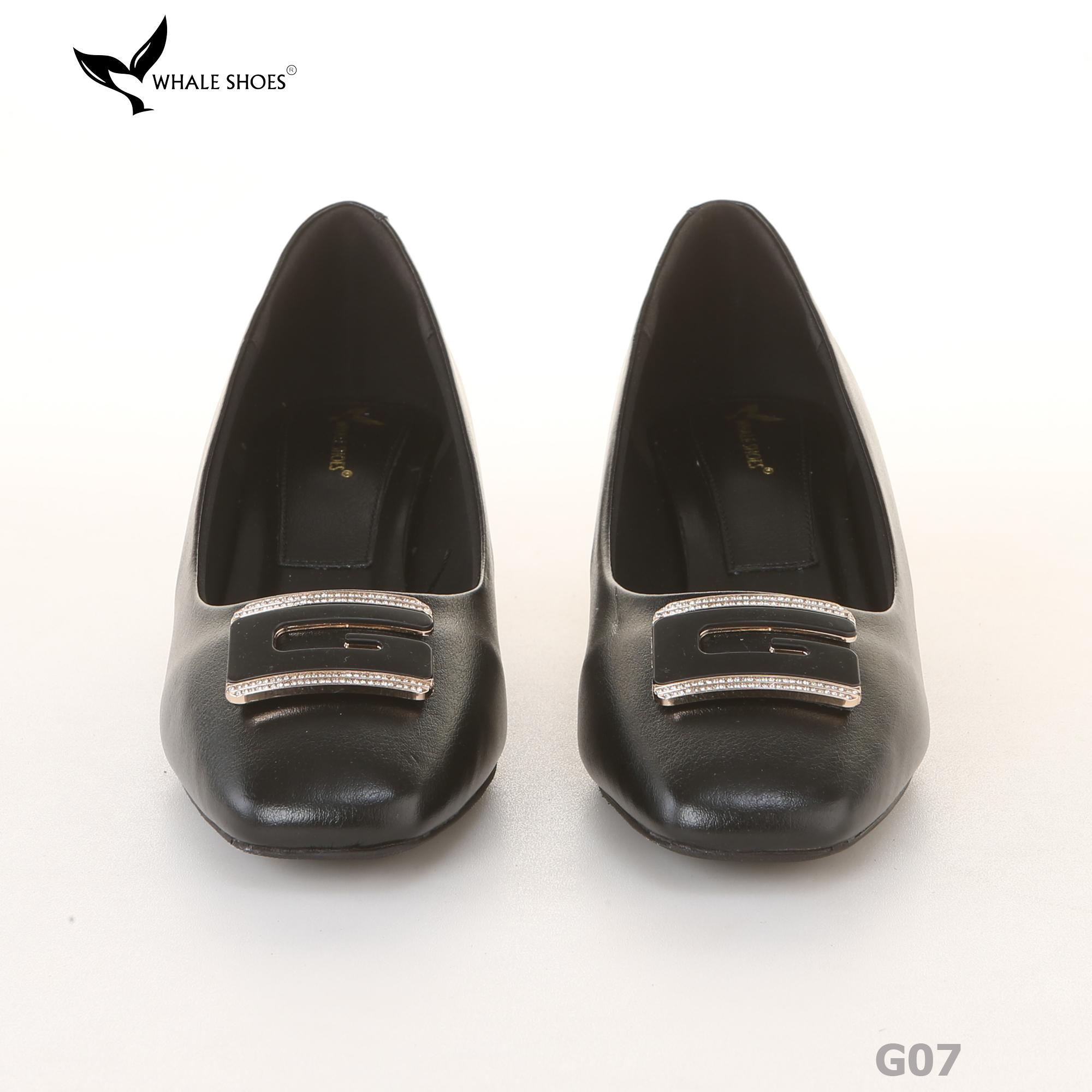 Giày cao gót nữ Whale Shoes 6cm mũi vuông, da mờ, gót trụ đính khóa, đế chống trượt-G07