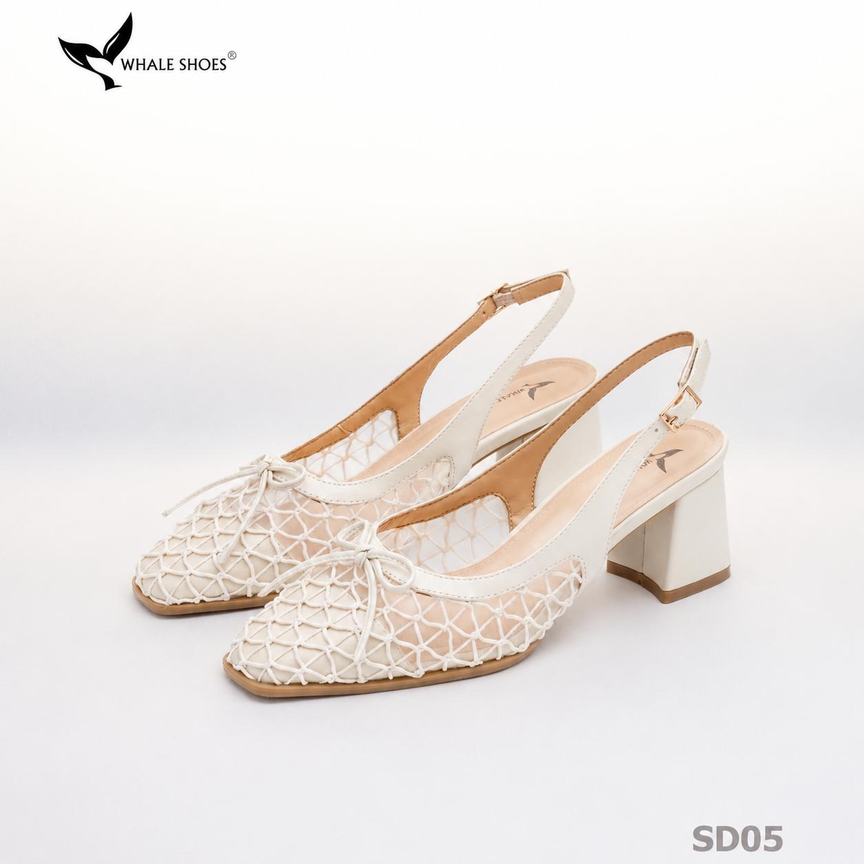 Giày slingback Whale Shoes mũi vuông da mờ phối  lưới, đính nơ, gót trụ bọc da, đế chống trượt-SD05