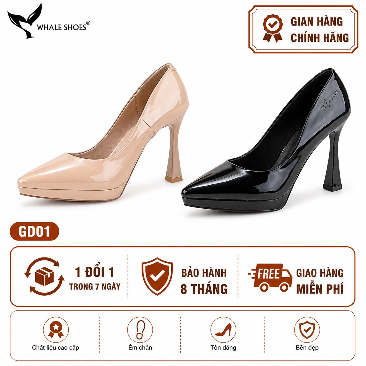Giày Cao Gót Mũi Nhọn Whale Shoes 10cm, da bóng đúp mũi 1cm, lót êm, đế chống trơn trượt-GD01