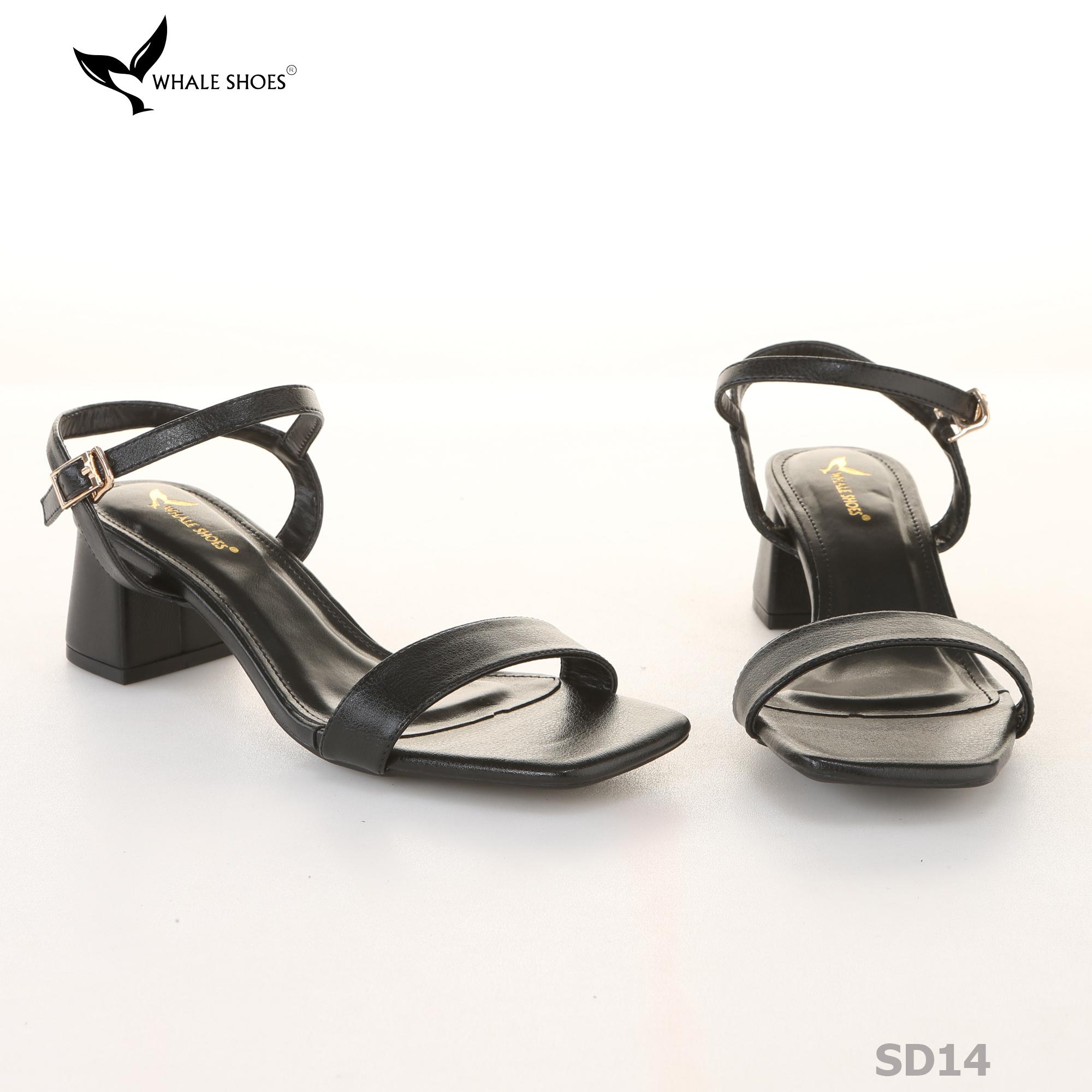 Giày sandal nữ Whale Shoes gót 5cm mũi vuông, quai ngang basic da mờ, đế chống trượt-SD14