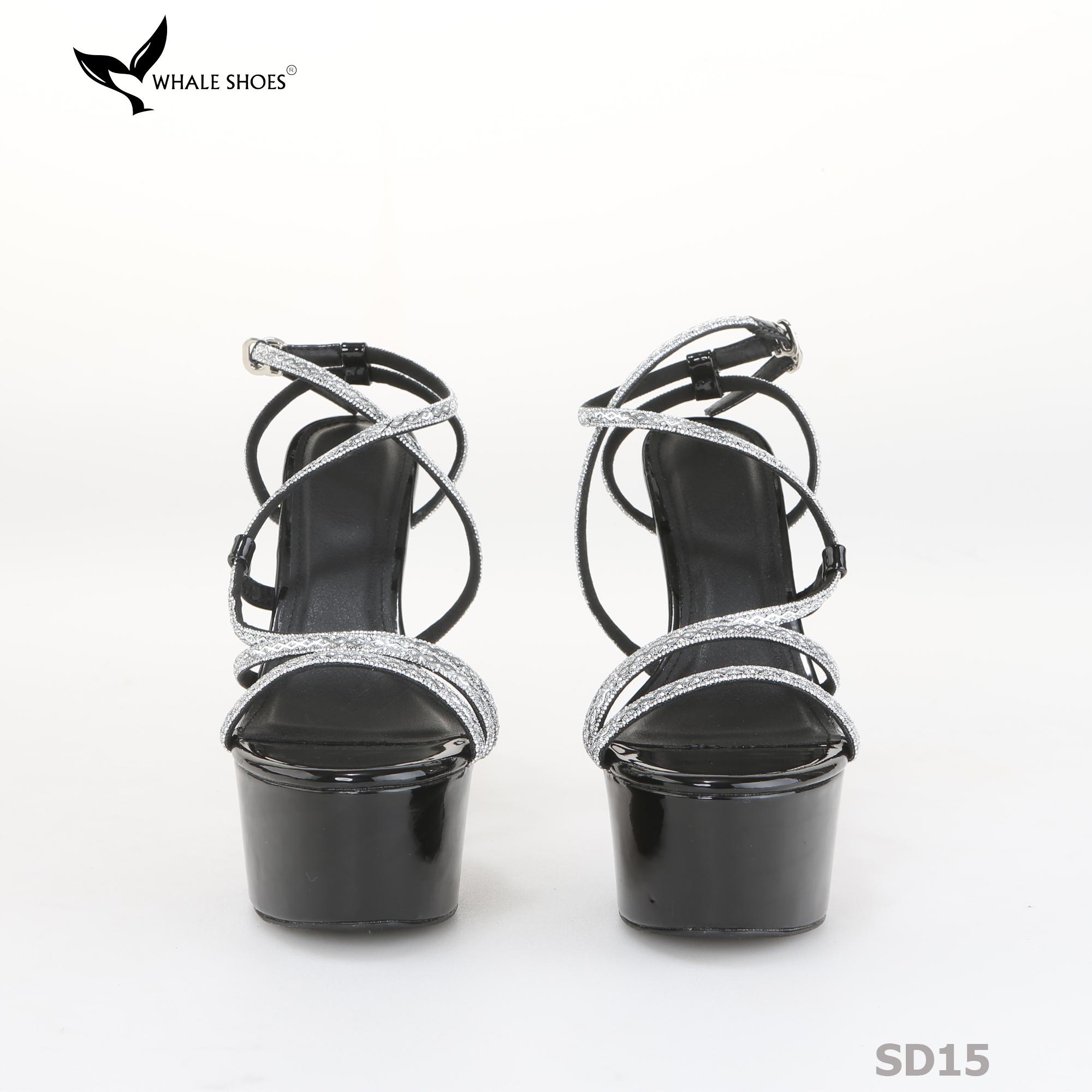Giày Sandal hoa hậu Whale Shoes 15cm mũi tròn da bóng, dây đá sáng, đế chống trượt-SD15