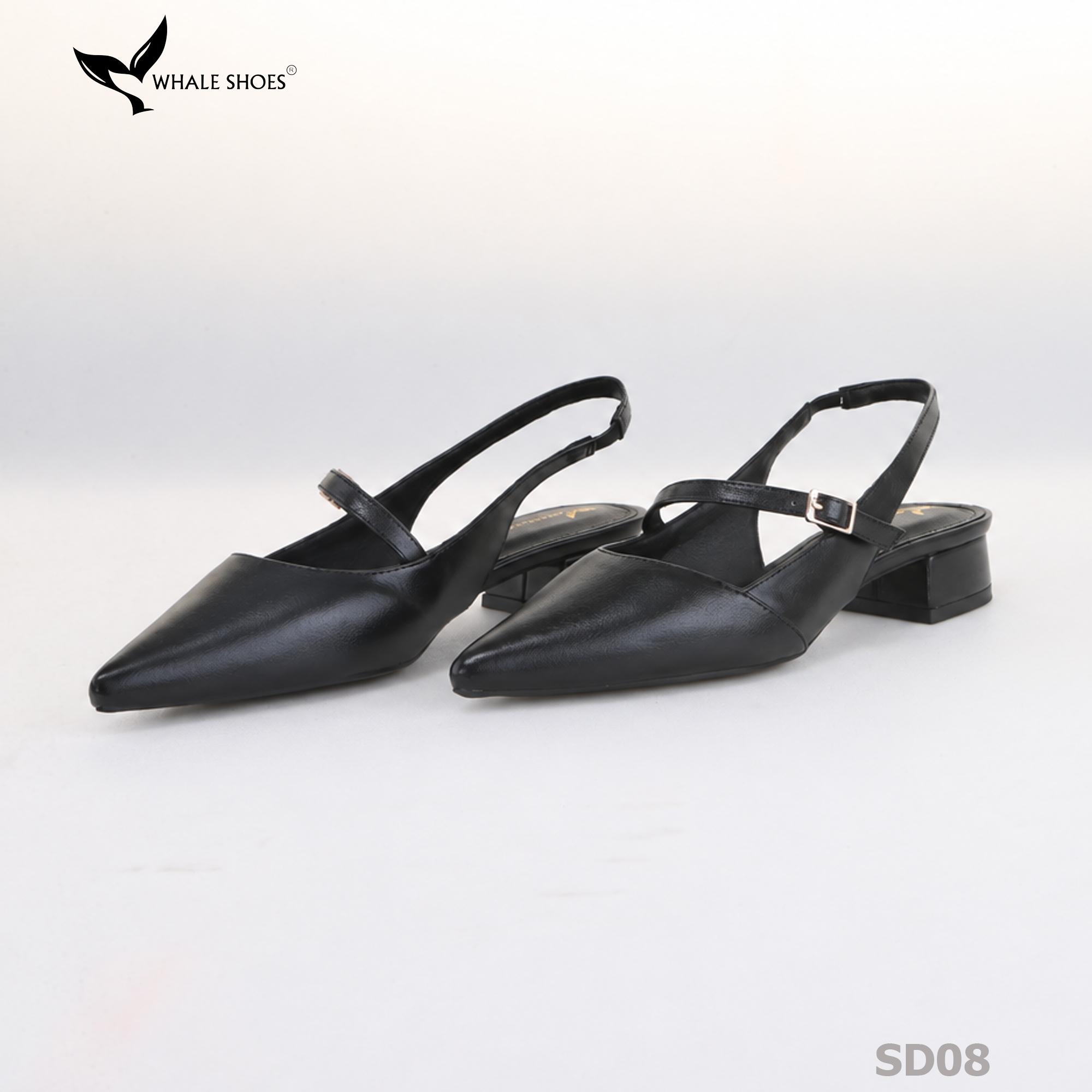 Giày slingback nữ Whale Shoes 3cm mũi nhọn da mờ, gót vuông bọc da, đế chống trượt-SD08