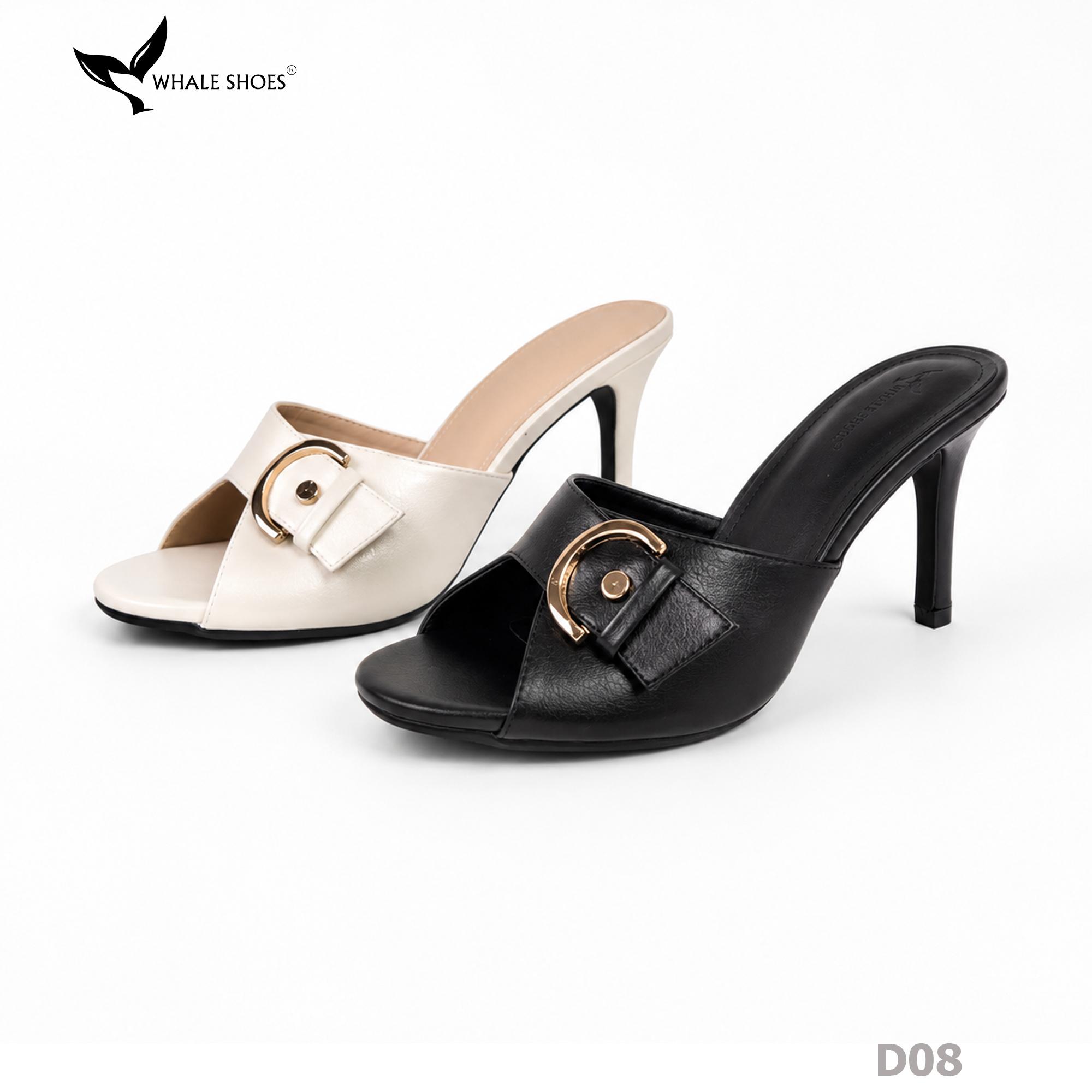 (Tăng size) Dép cao gót Whale Shoes 8,5cm mũi tròn, đính khóa thanh lịch, đế chống trượt-D08