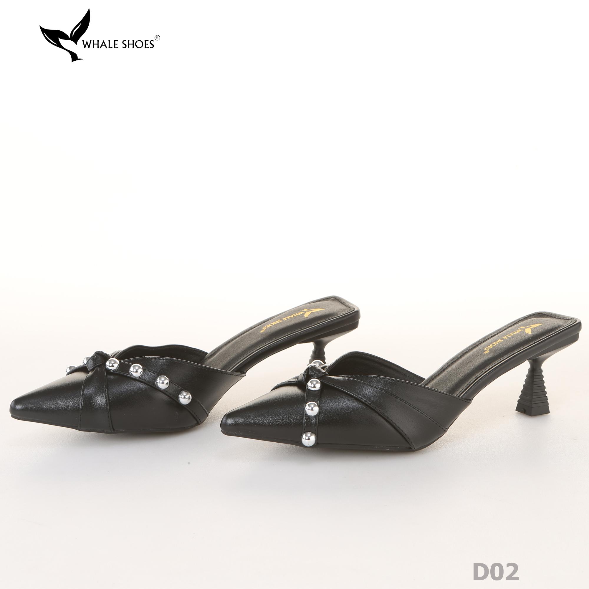 Sục cao gót nữ 6cm Whale Shoes (Tăng size) mũi nhọn cổ tim đen, đính đá, đế chống trượt-D02