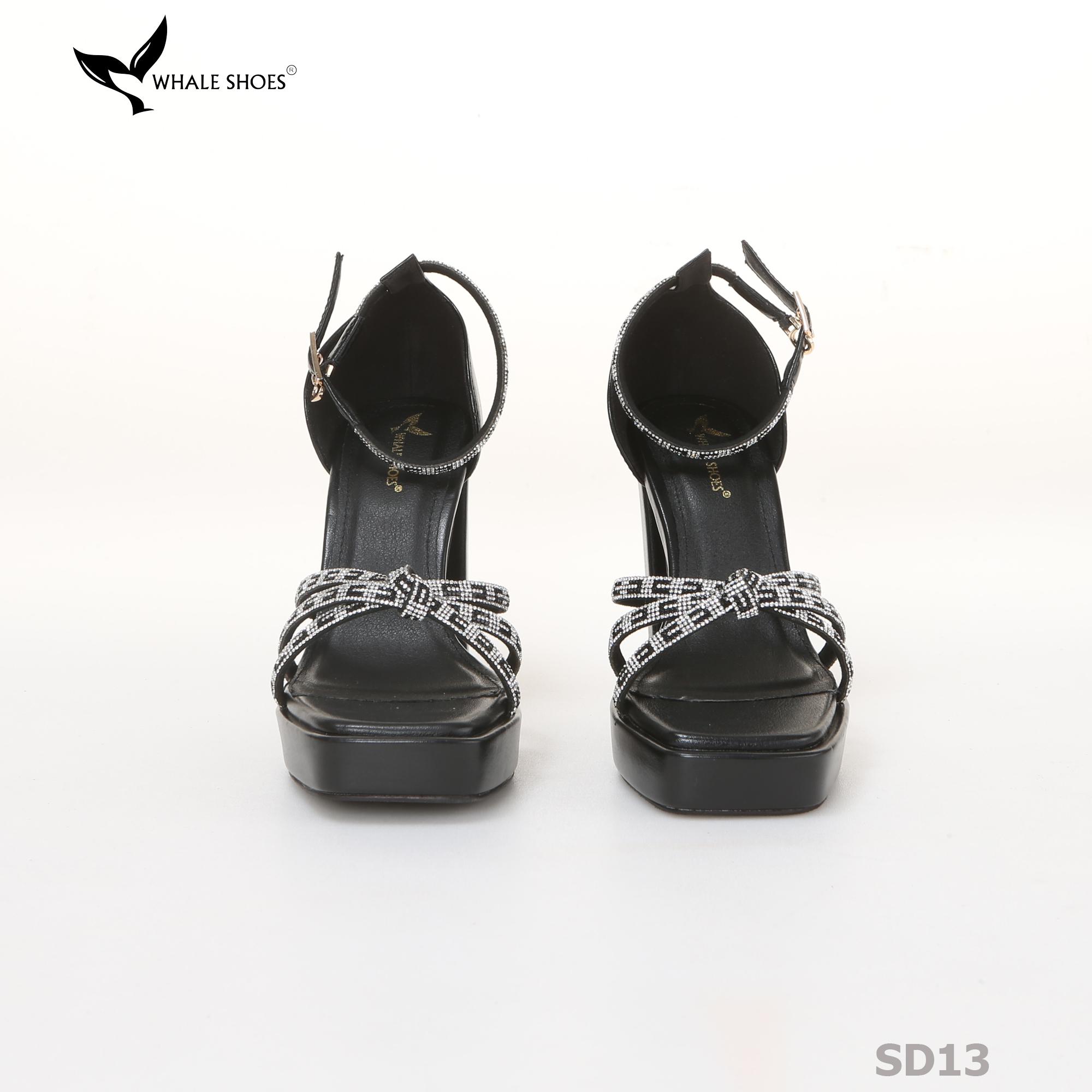 Giày Sandal nữ  Whale Shoes 10cm mũi vuông da mờ đúp mũi 3cm, dây đá, gót trụ, đế chống trượt-SD13