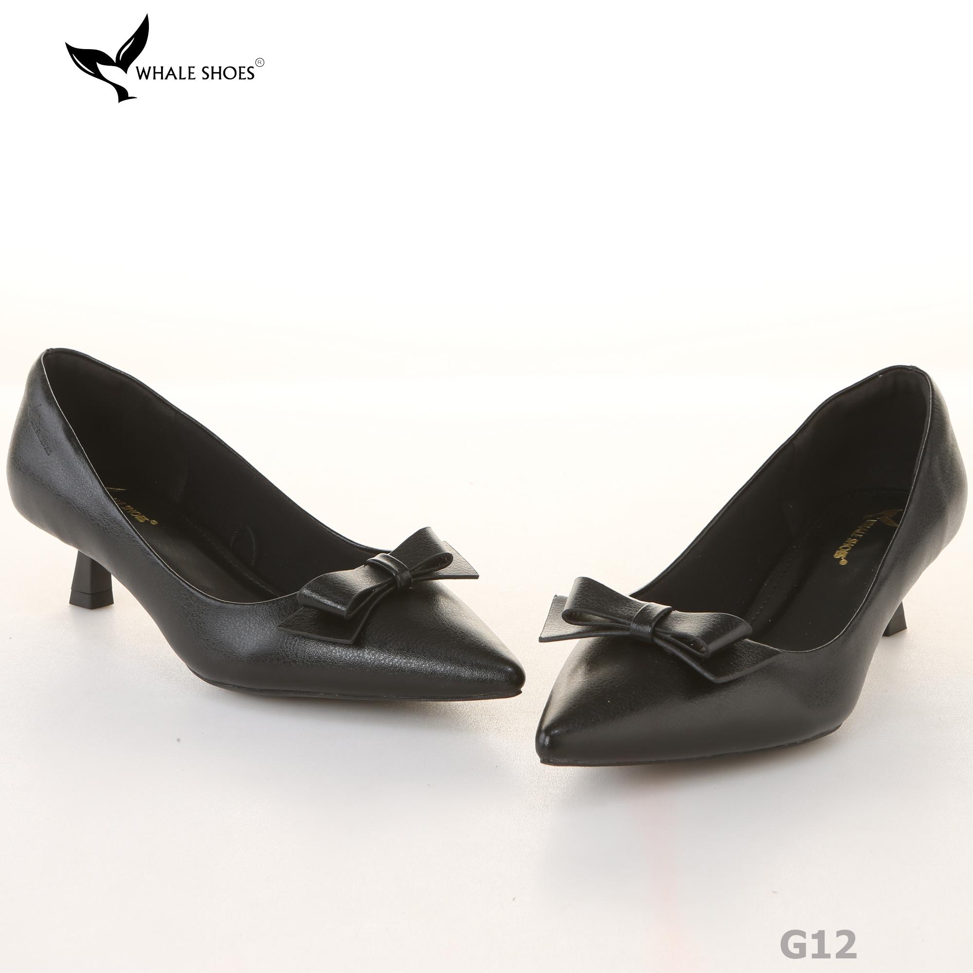 Giày Cao Gót Whale Shoes 4cm, da bóng và da mờ, mũi nhọn đính nơ, lót êm, đế chống trượt-G12