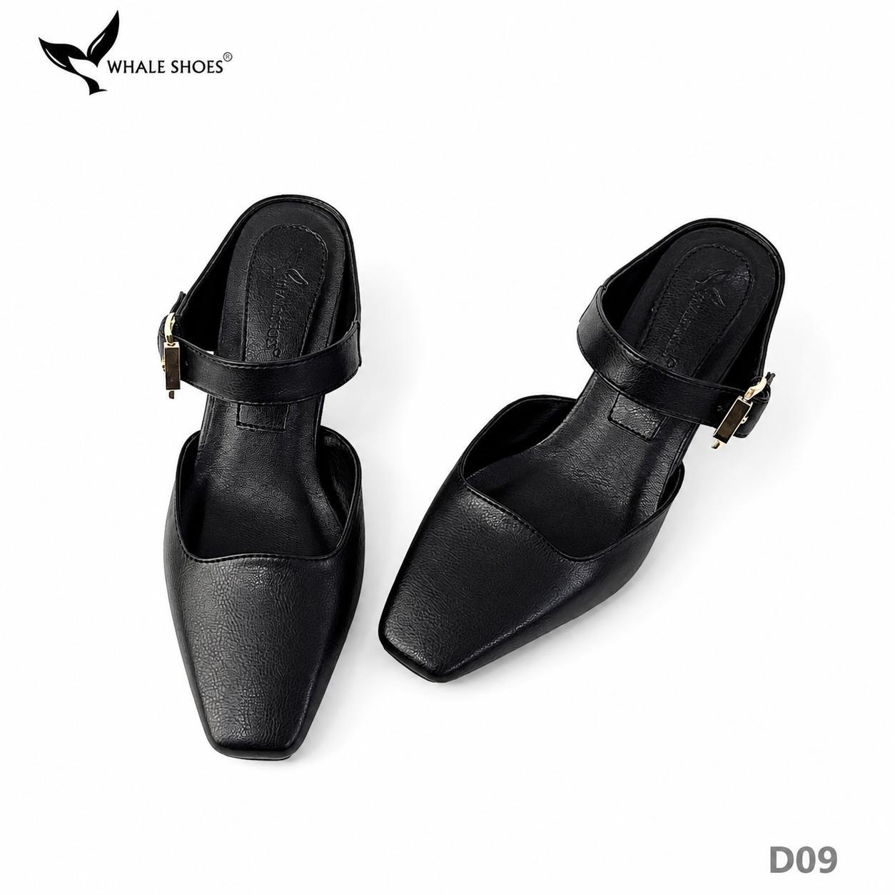 Dép Sục nữ  Whaleshoes Gót 7cm Gót Vuông Quai Khóa Kim Loại Vàng Gold Thanh Lịch-D09