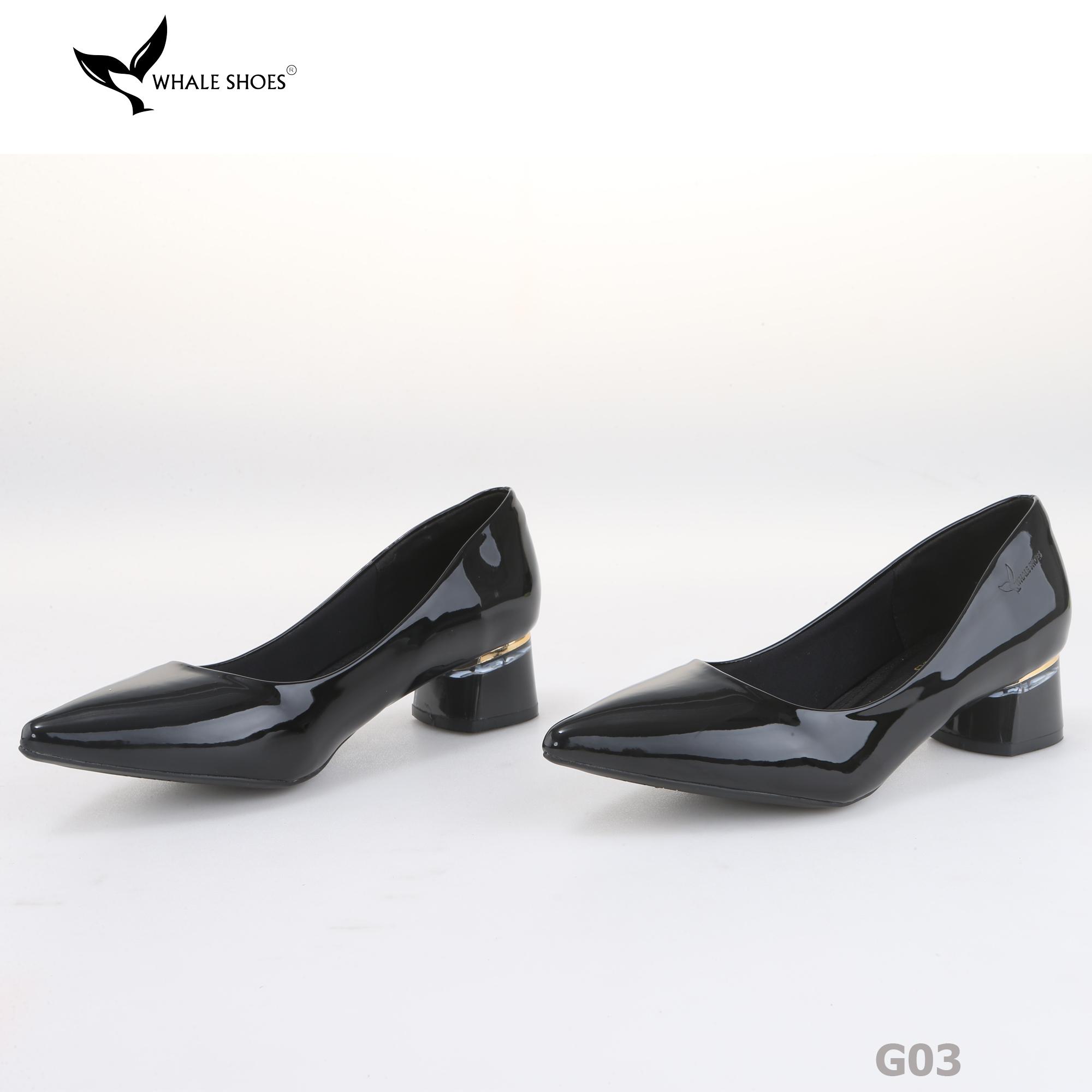 Giày cao gót nữ Whale Shoes 4cm da bóng, gót vuông mica viền vàng mũi nhọn-G03