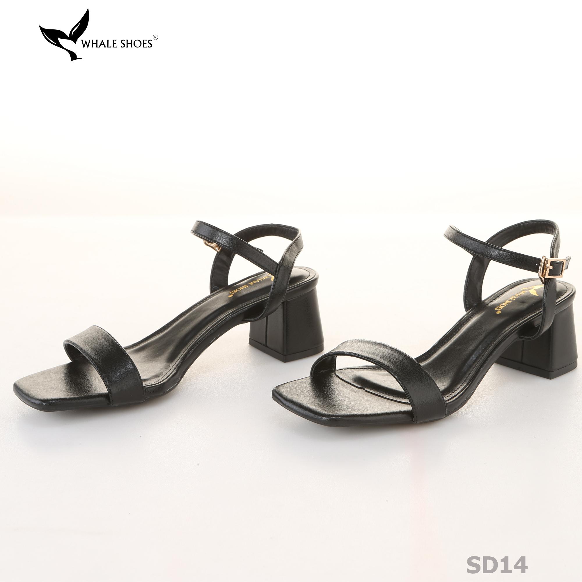 Giày sandal nữ Whale Shoes gót 5cm mũi vuông, quai ngang basic da mờ, đế chống trượt-SD14